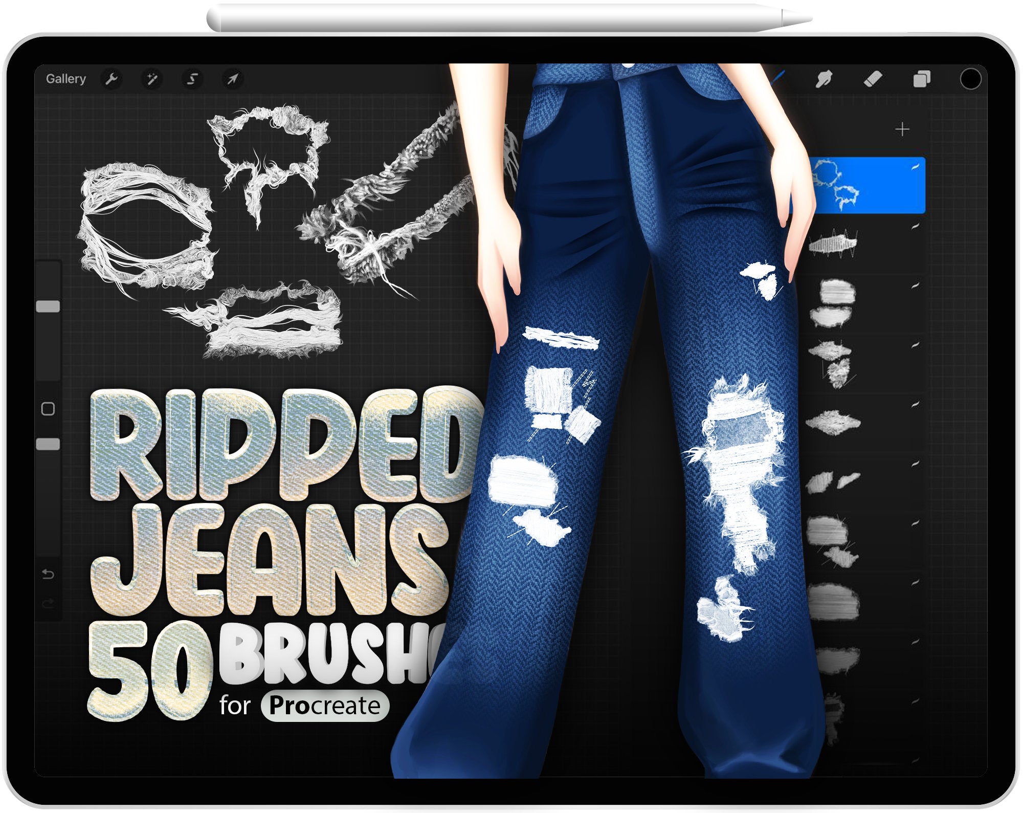 50 Ripped Jeans Brushes for Procreate, Seamless Jeans Textures for Procreate, Jeans Patterns for Procreate, Realistic Procreate Rips Brush