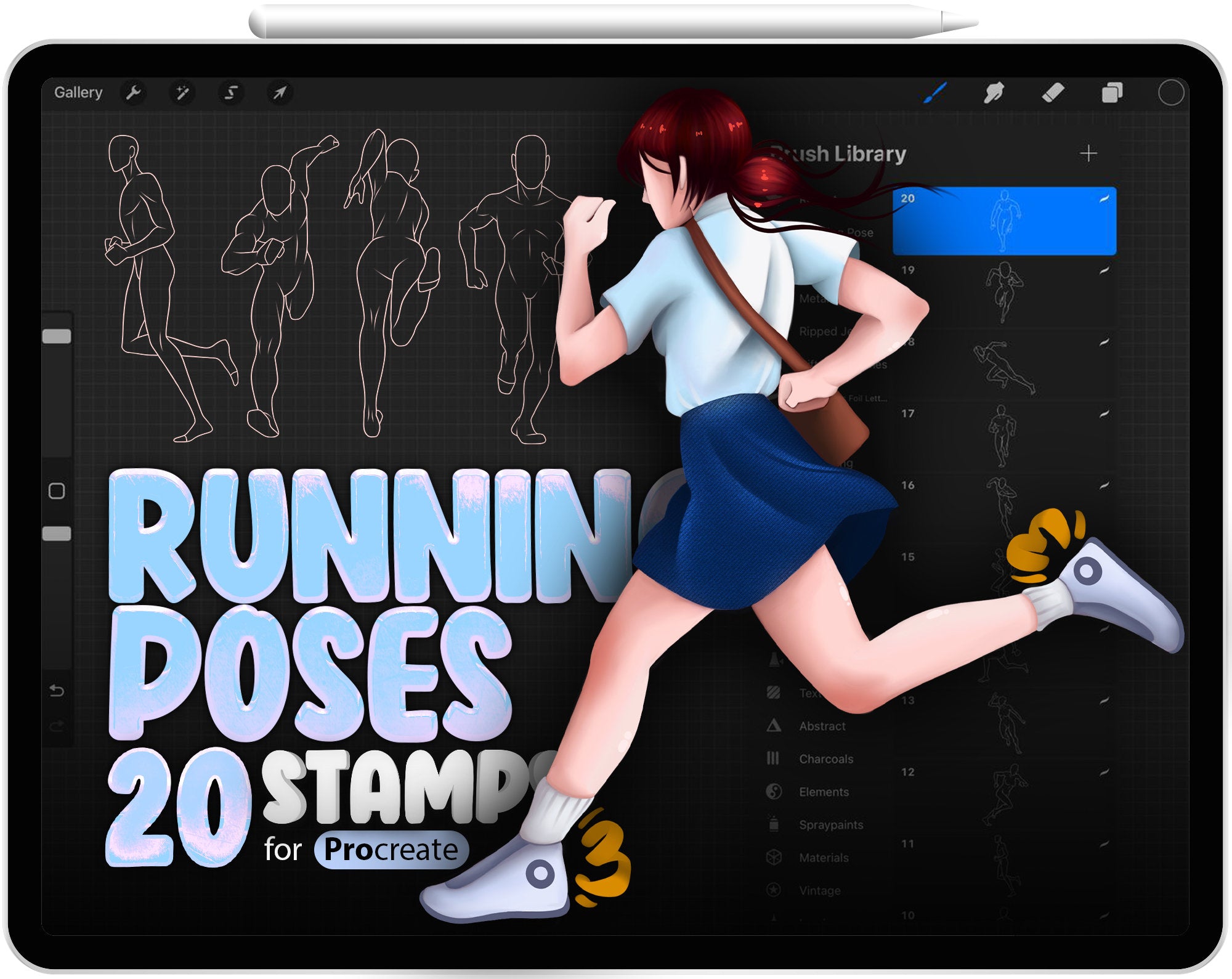 20 Running Pose Stamps for Procreate