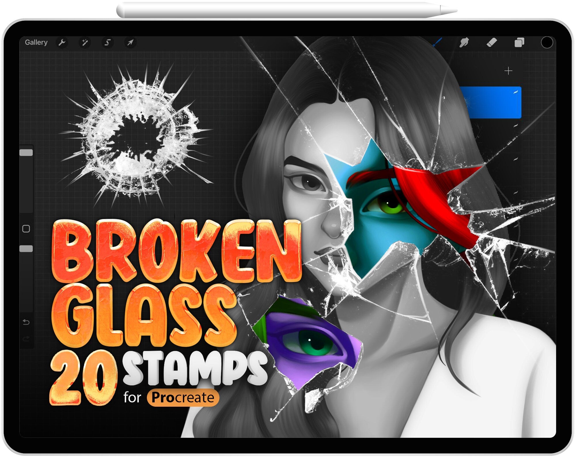20 Broken Glass Stamps for Procreate, Cracked Glass Brush for Procreate