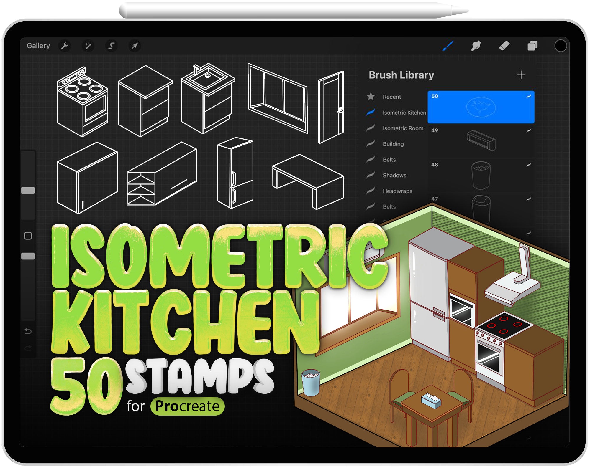 50 Isometric Kitchen Brushes for Procreate, 3D Isometric Interior Maker for Procreate, Isometric Procreate Stamps Furniture for Procreate
