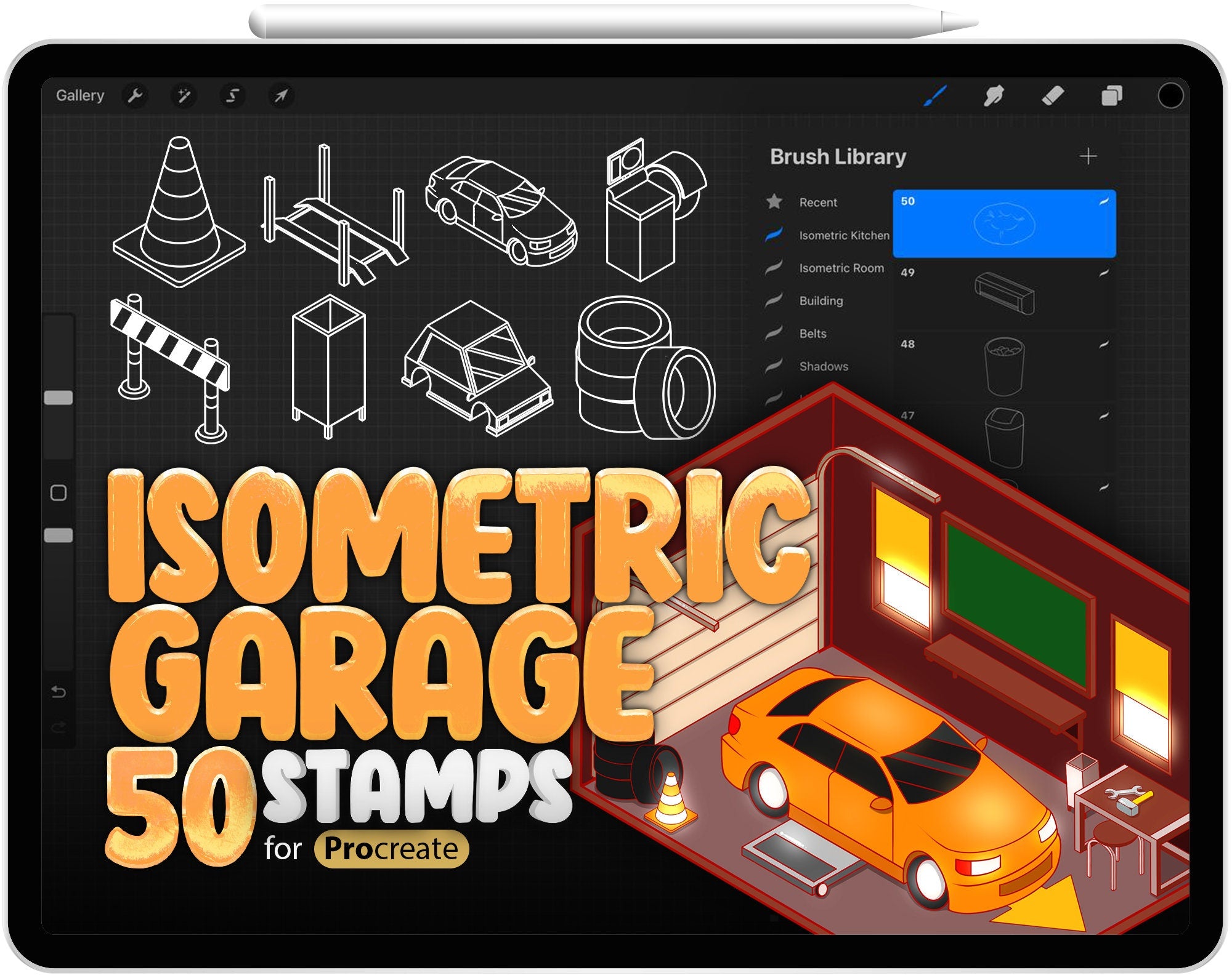 50 Garage Isometric Brush for Procreate