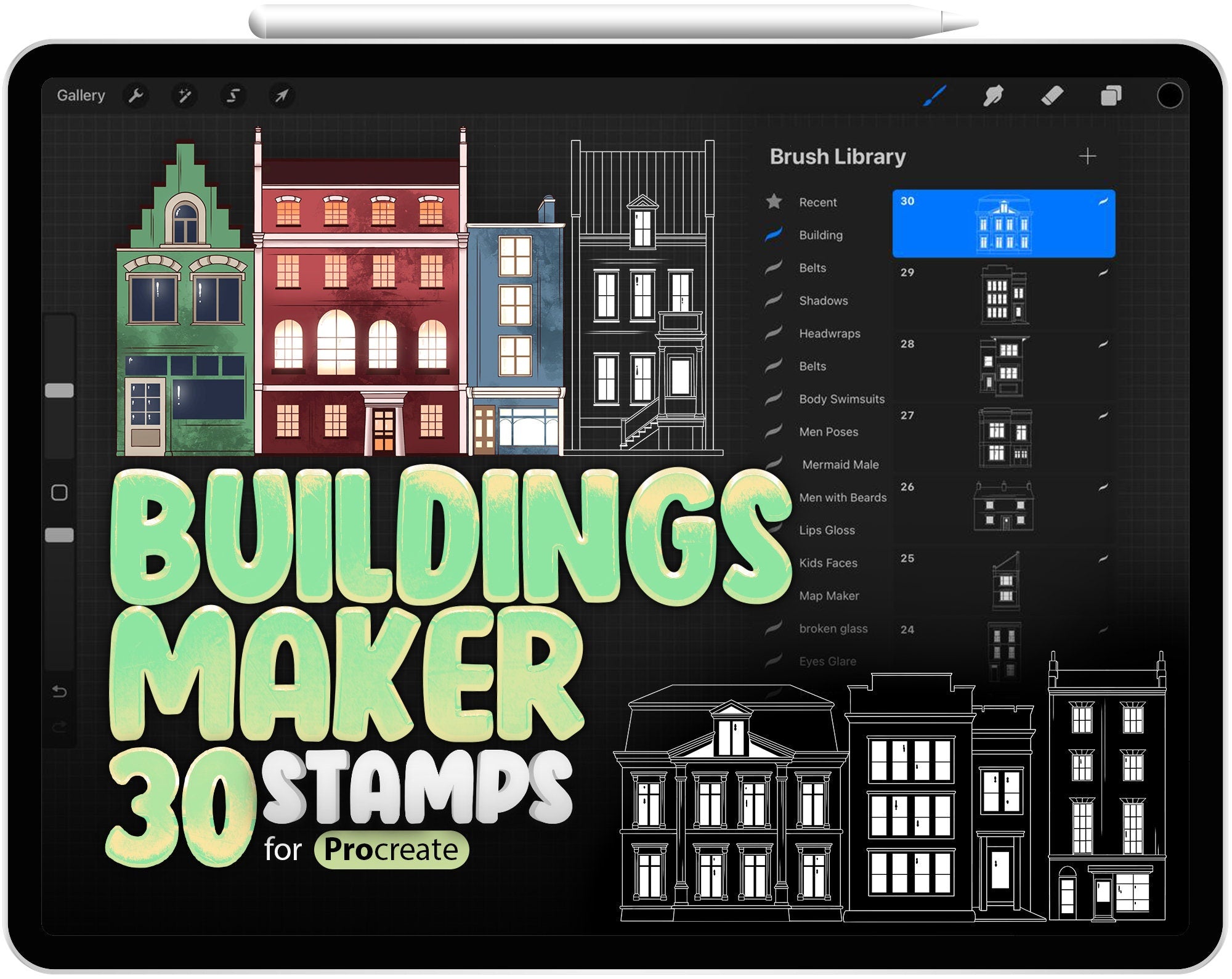 30 Building Maker Brush for Procreate, Street Builder Stamps for Procreate, City Maker for Procreate, Architecture Brush, Amsterdam Homes