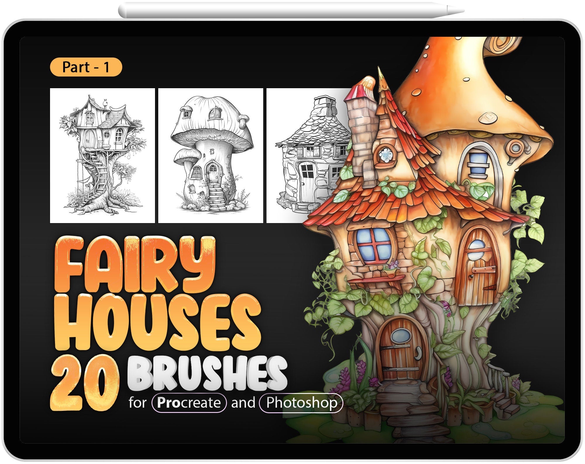 20 Fairy House Procreate Brushes Part-1, 20 Fairy House Photoshop Brushes Part-1, Kawaii House Stamp, Fantasy House, Beautiful Magic House