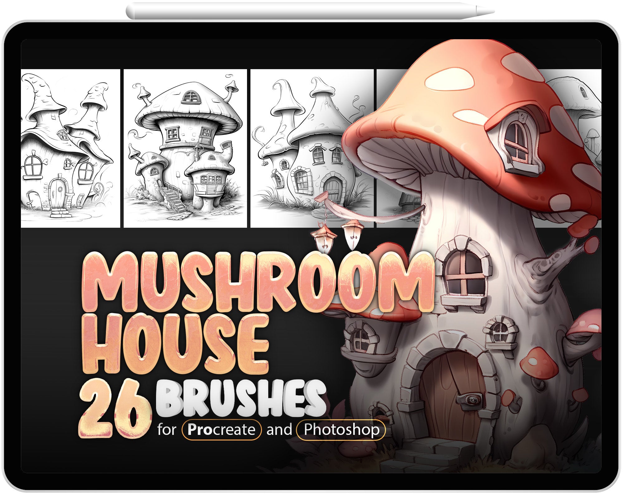 26 Mushroom Huts Brushes for Procreate and Photoshop