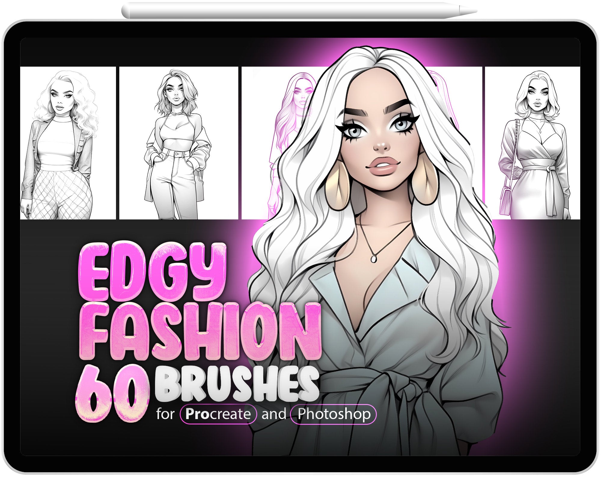 60 Beautiful Girls wearing Edgy Style Stamp Brushes for Procreate and Photoshop