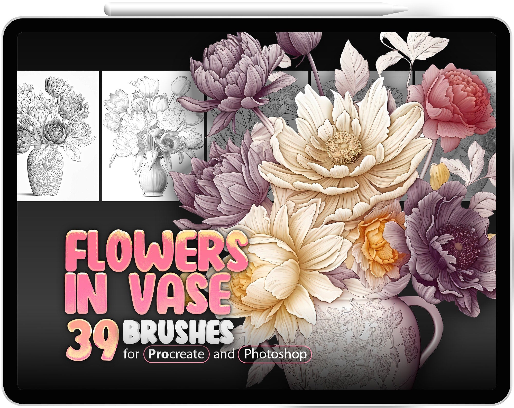 39 Flowers in vase Stamp Brushes for Procreate and Photoshop