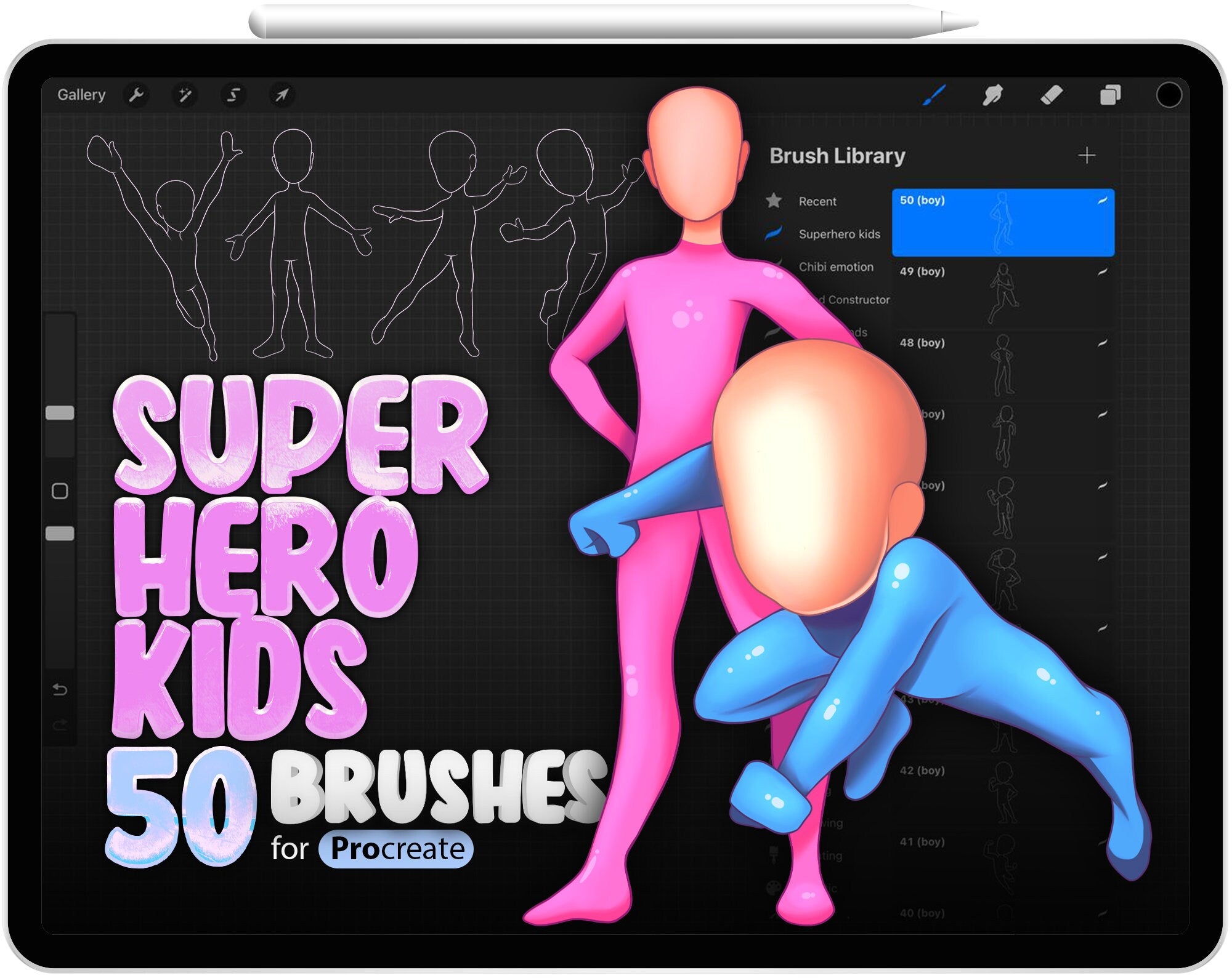 50 Superhero Kids Brushes for Procreate, Superhero Girls for Procreate, Superhero Boys for Procreate, Super Hero Poses Stamp Brushes