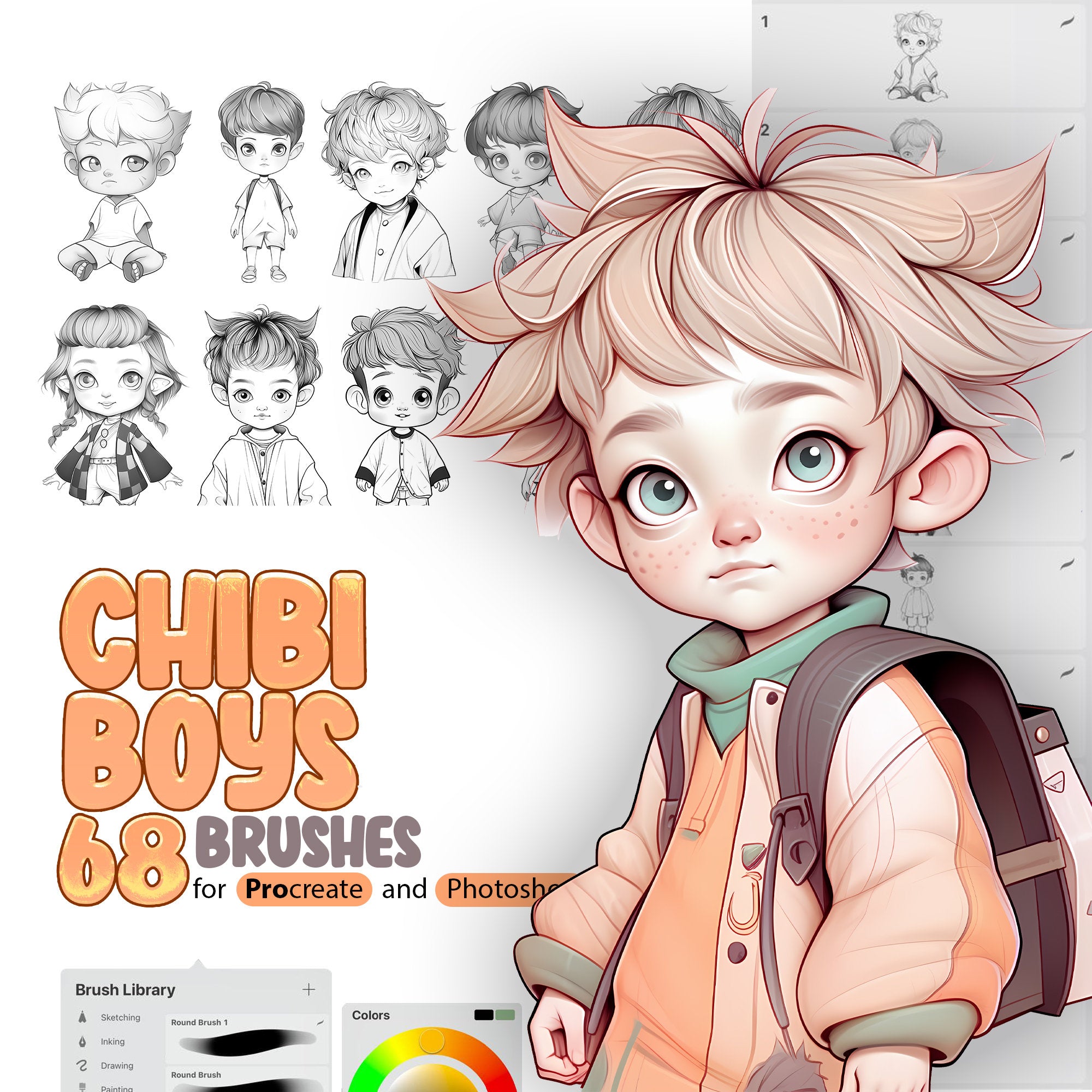 68 Chibi Boys Procreate Brushes, 68 Chibi Boys Photoshop Brushes, Kids Procreate Stamp Brushes, Anime Boys Procreate, Manga Boys Procreate