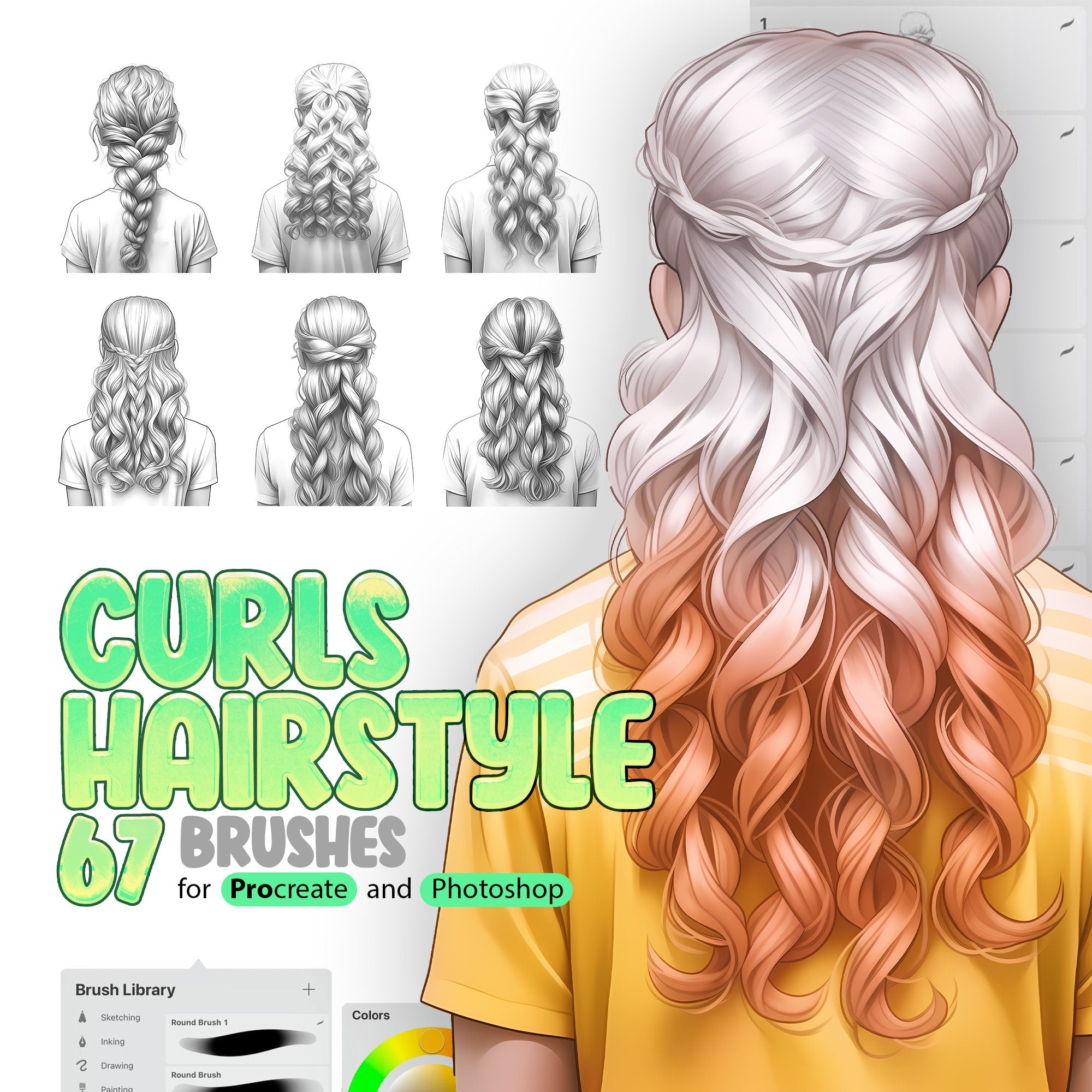 67 Curls Hairstyle Brushes for Procreate and Photoshop