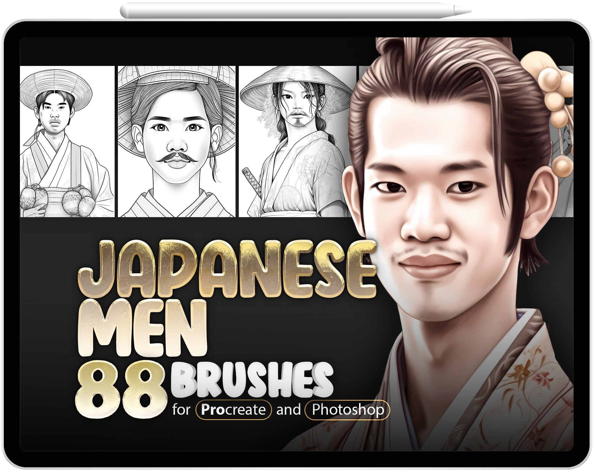 88 Japanese Men Procreate Brushes, 88 Japanese Men Photoshop Brushes, Japan Boys Procreate Stamp Brushes, Japanese Procreate