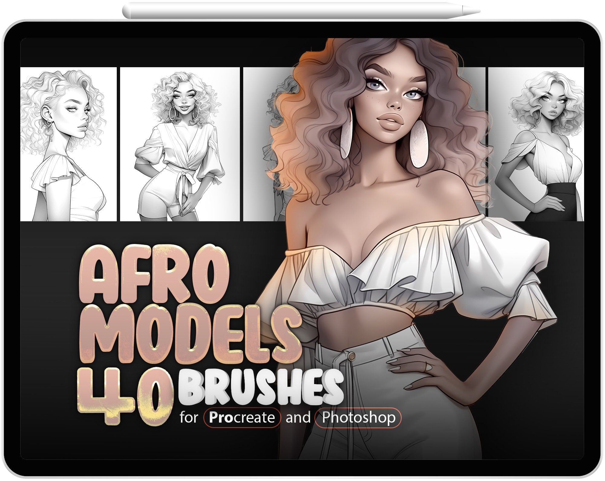 40 Afro Models Stamp Brushes for Procreate and Photoshop