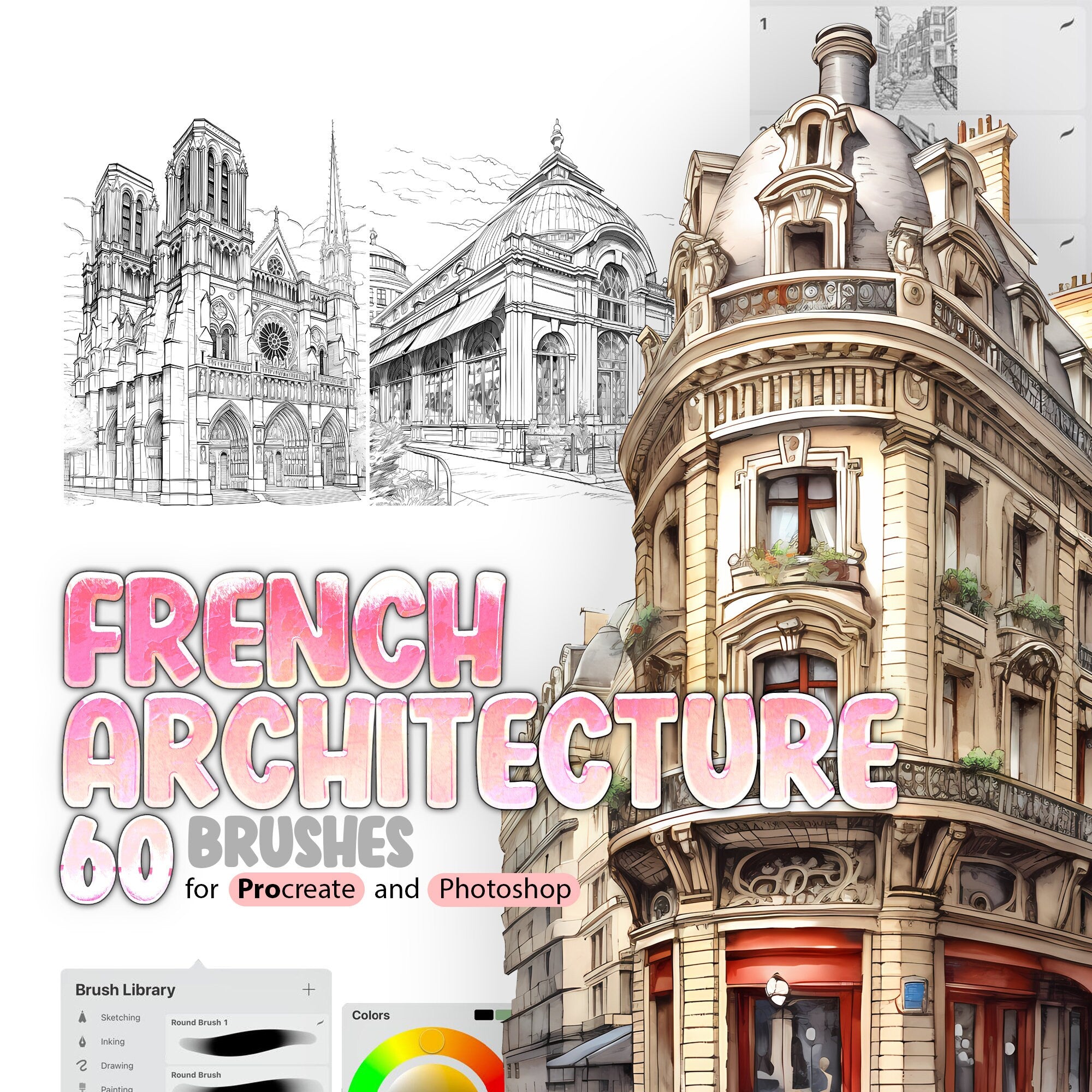 60 French Architecture Procreate Brushes