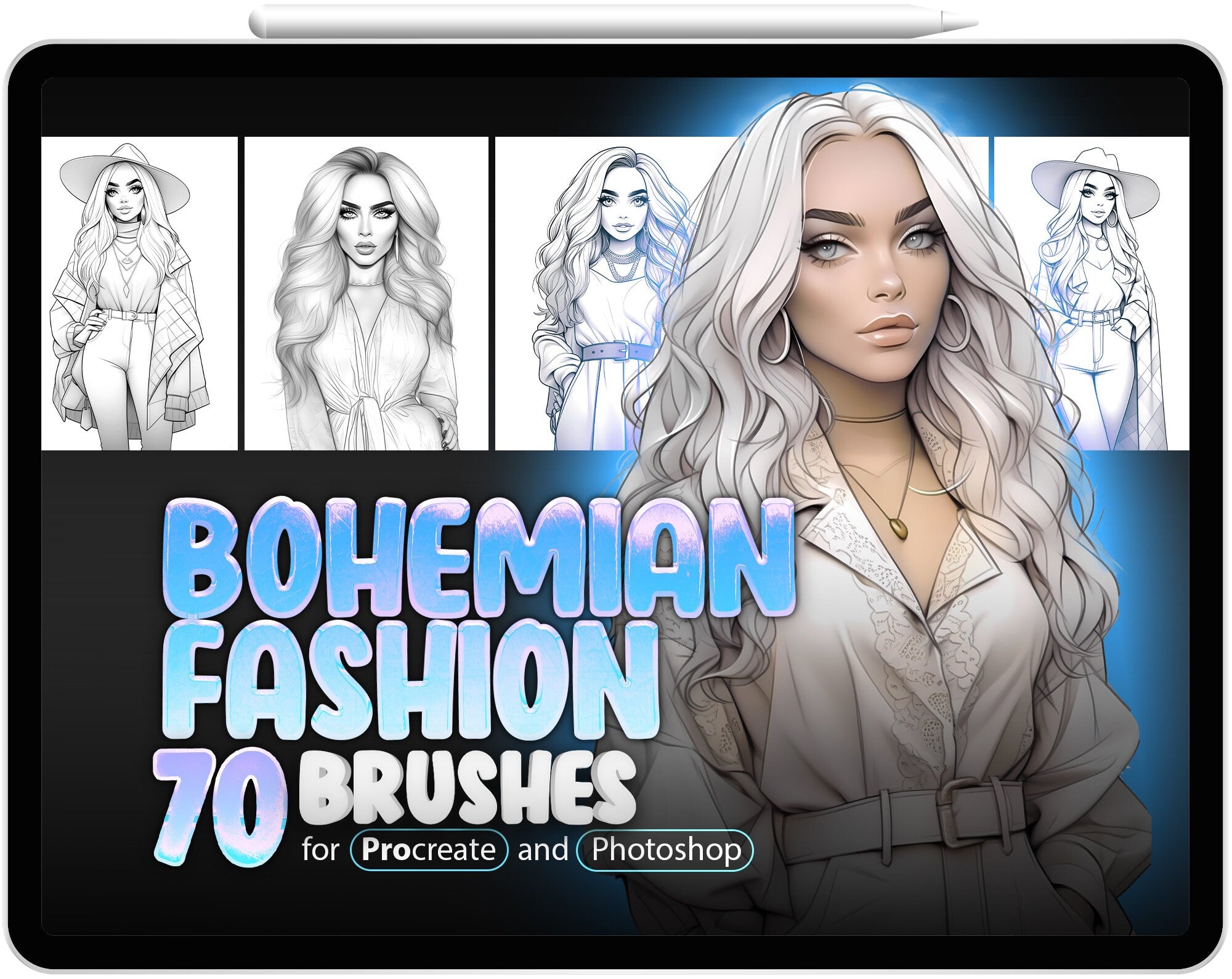 70 Girls in Bohemian Fashion Style Stamp Brushes for Procreate, 70 Women Bohemian Fashion Style Brushes for Photoshop, Fashion Clothes