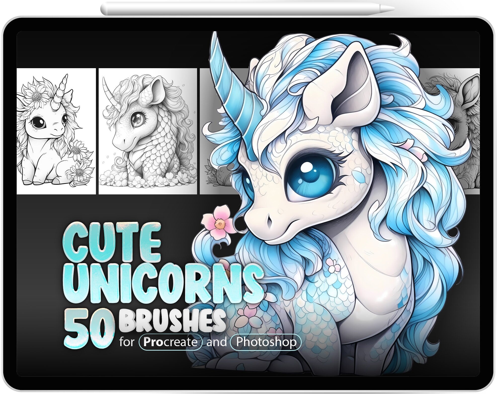 50 Cute Unicorns Stamp Brushes for Procreate and Photoshop
