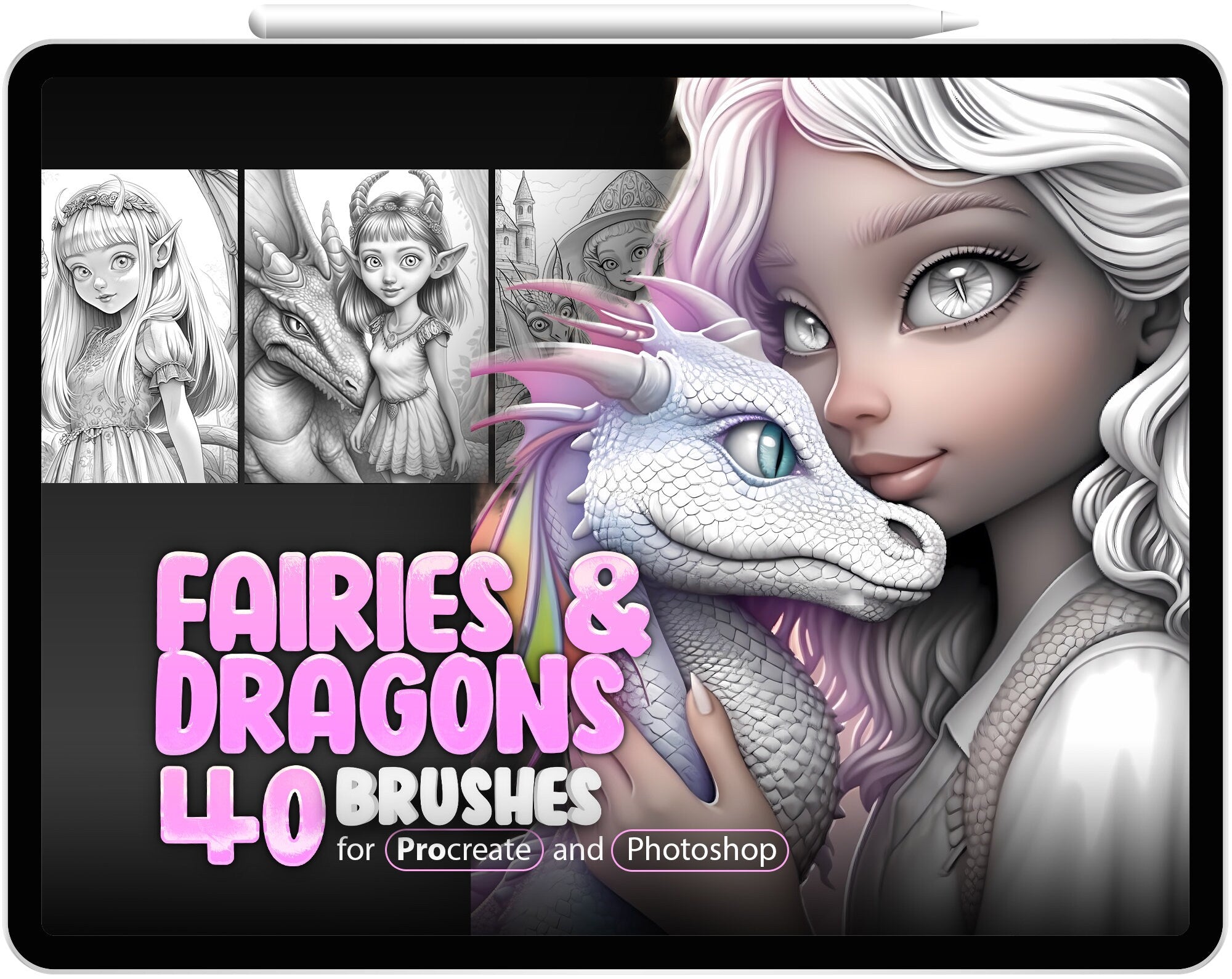 40 Fairy Girls with Dragons Brushes for Procreate and Photoshop