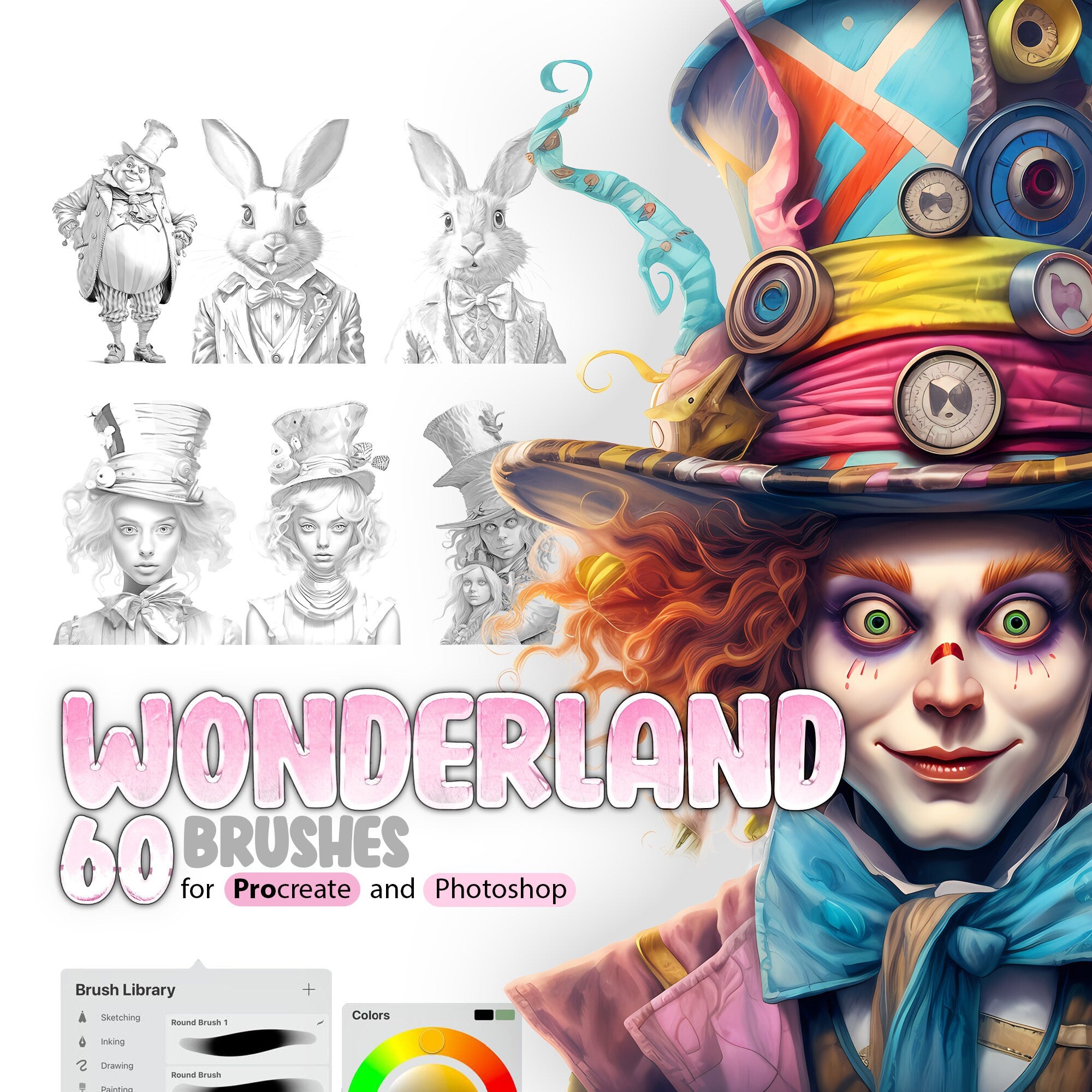 60 Wonderland Stamp Brushes for Procreate and Photoshop