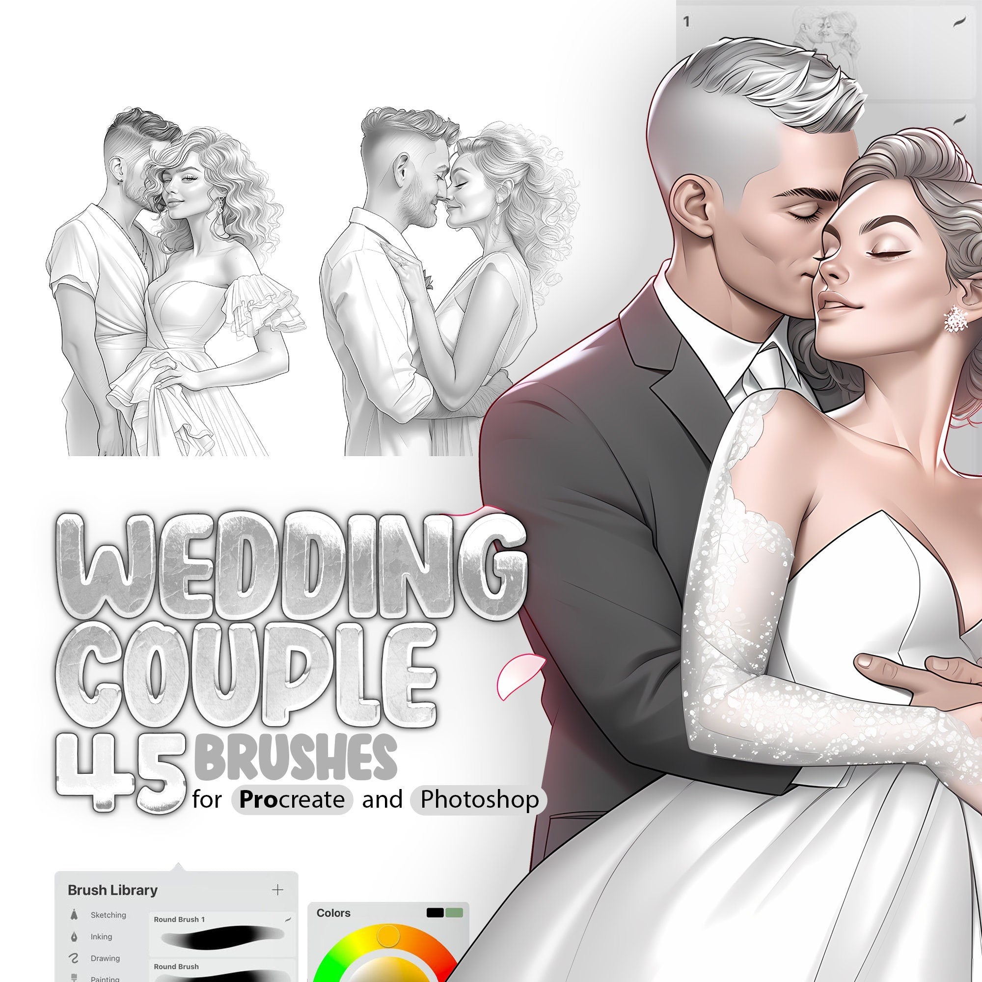 45 Wedding Couple Stamp Brushes for Procreate and Photoshop