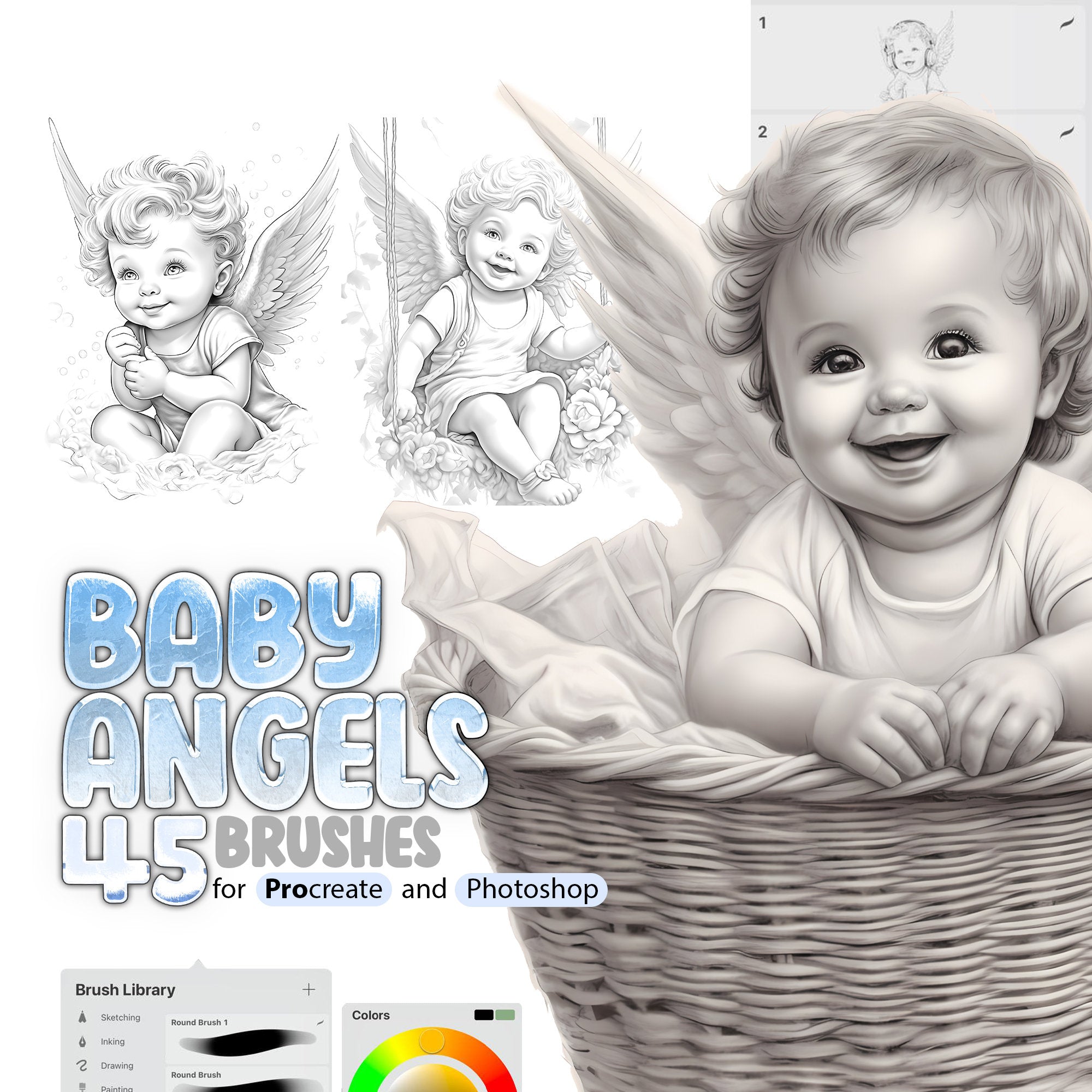 45 Little Baby with Angel Wings Stamp Brushes for Procreate and Photoshop