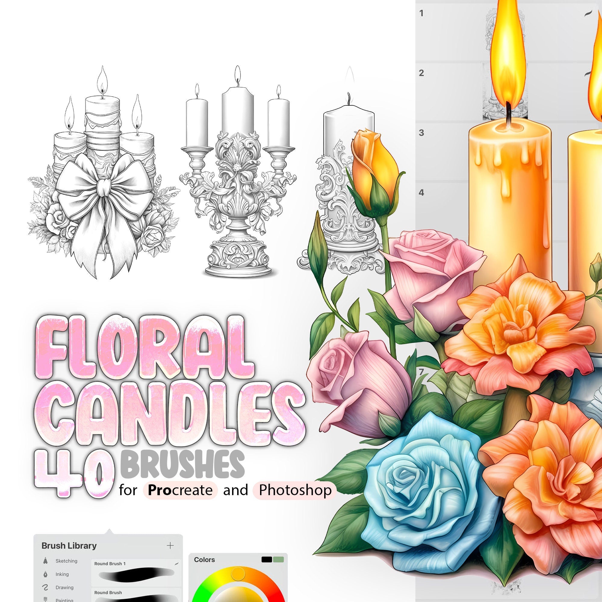 40 Floral Candles Brushes for Procreate and Photoshop