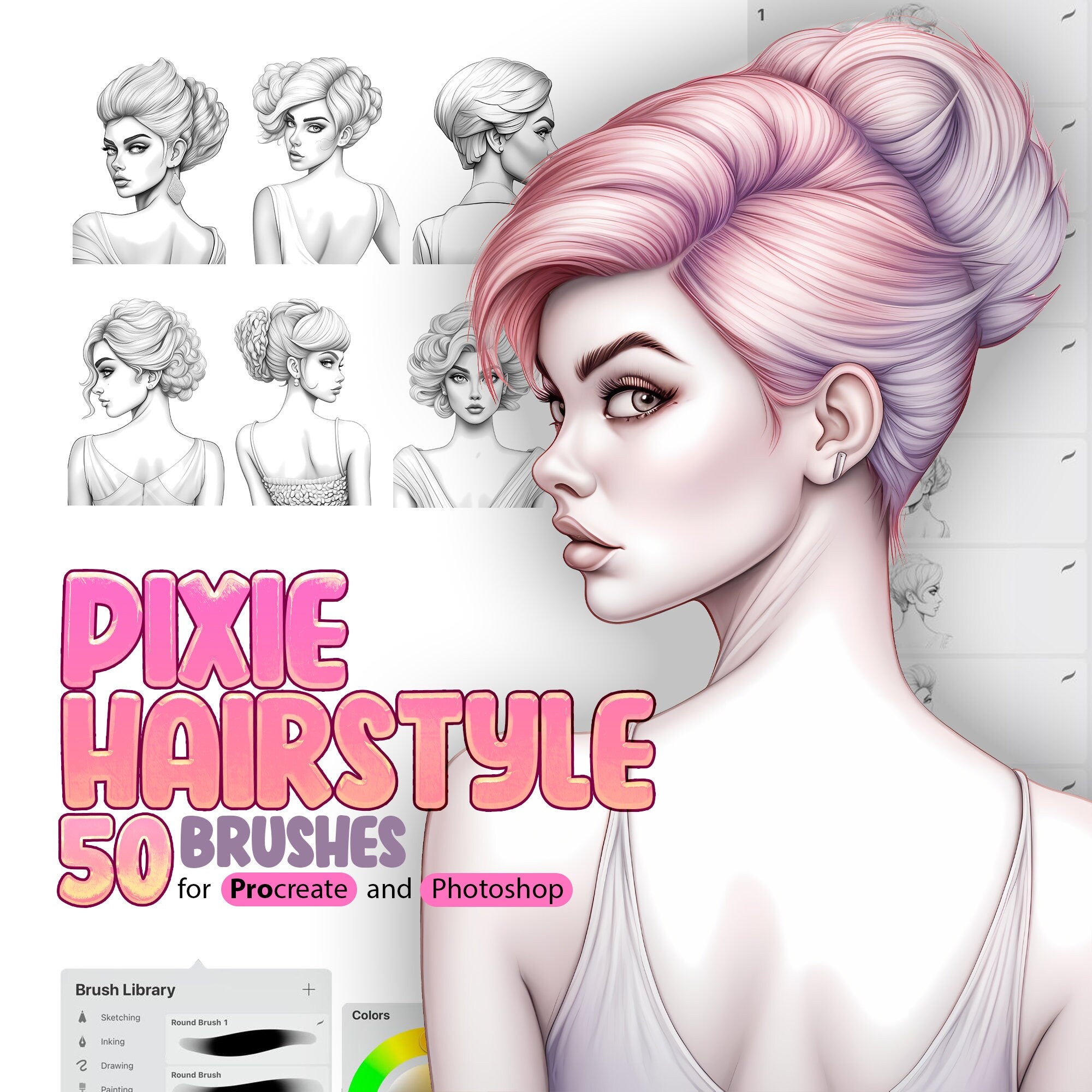 50 Pixie Hairstyle Brushes for Procreate and Photoshop