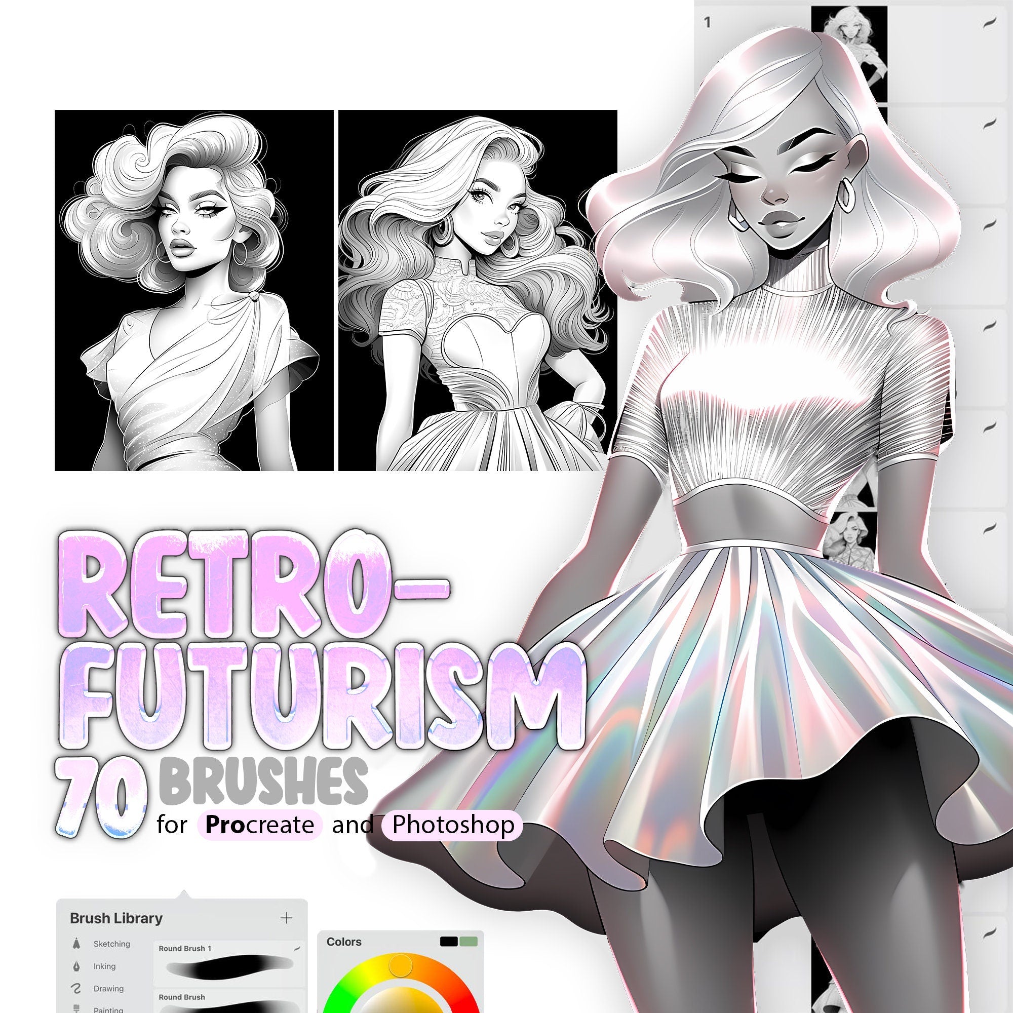 70 Retro-futurism Fashion Style Girls Stamp Brushes for Procreate and Photoshop