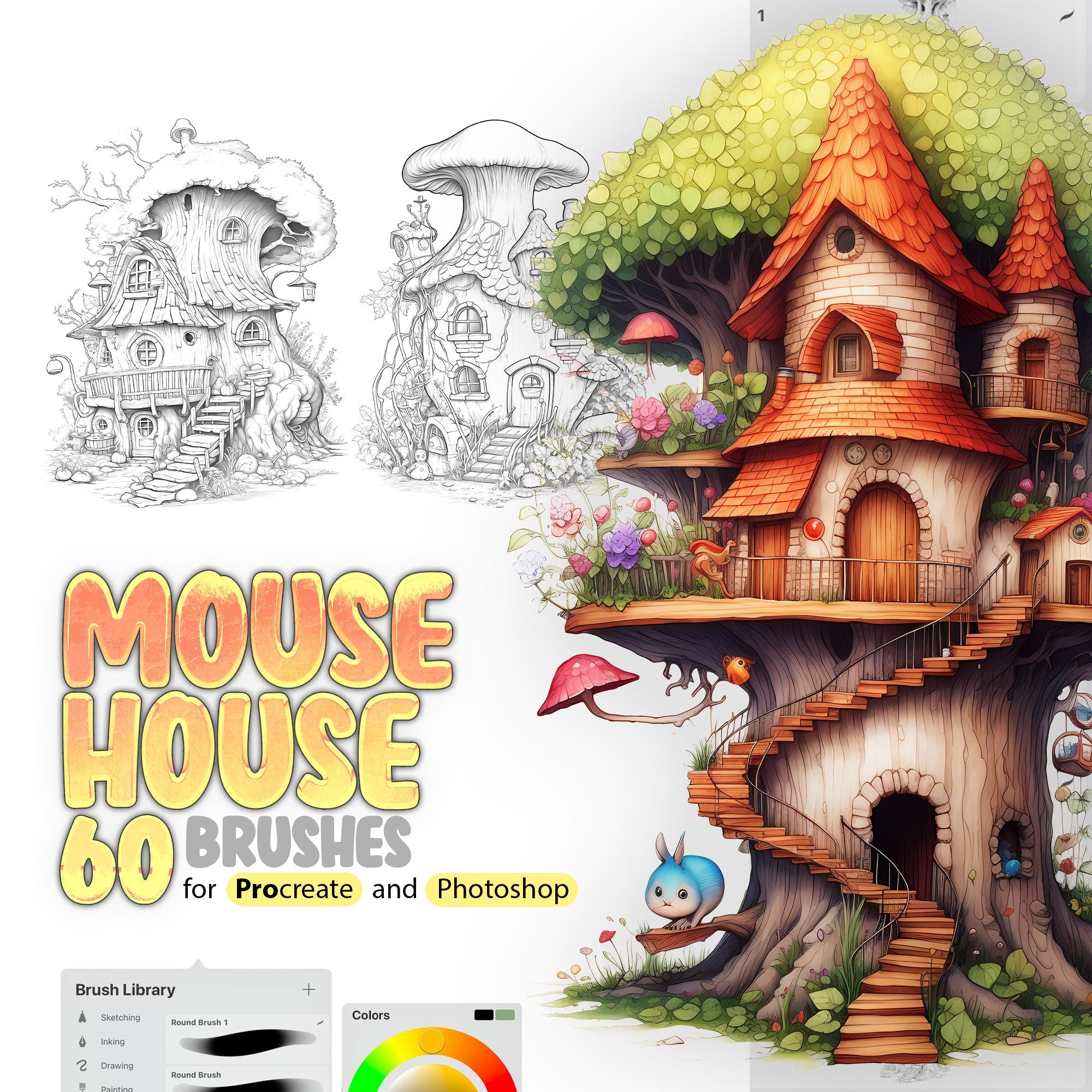 60 Mouse House Stamps Brushes for Procreate and Photoshop