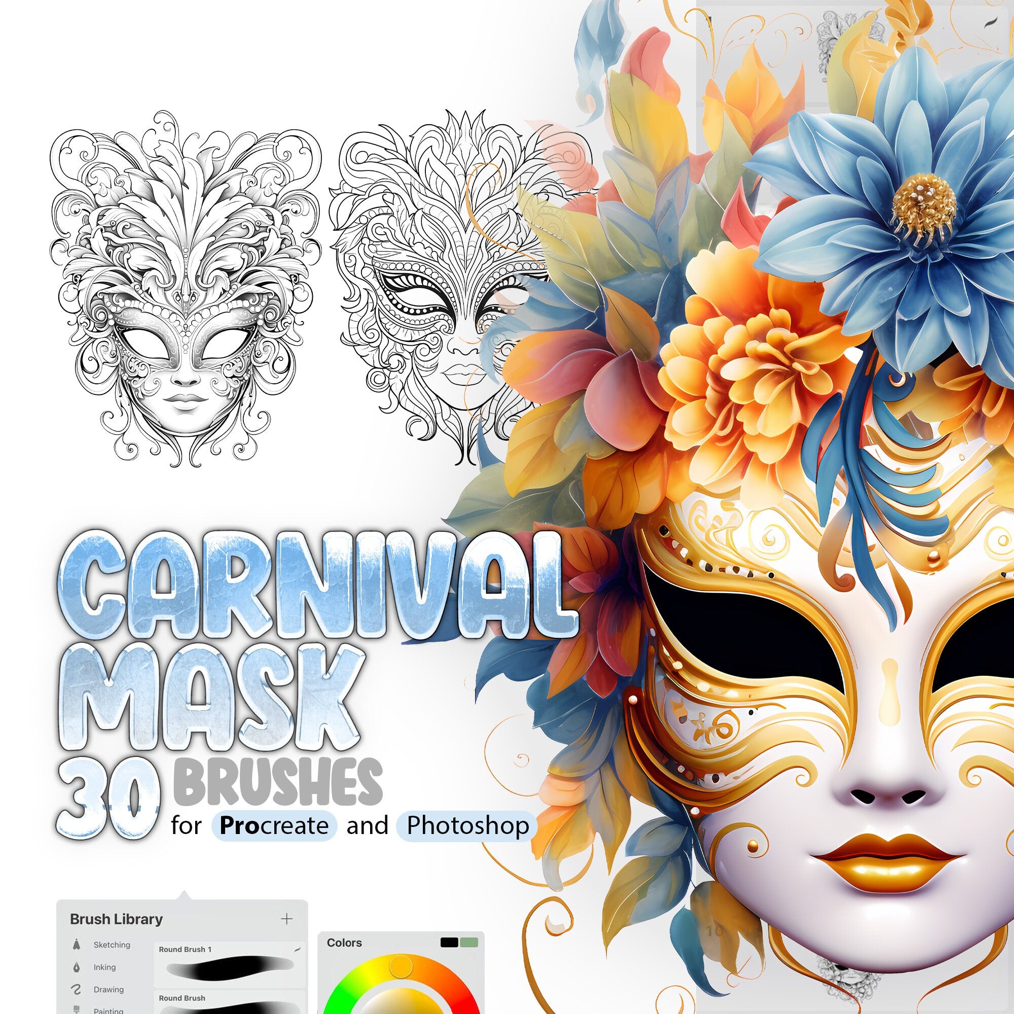 30 Masquerade Mask Stamp Brushes for Procreate and Photoshop