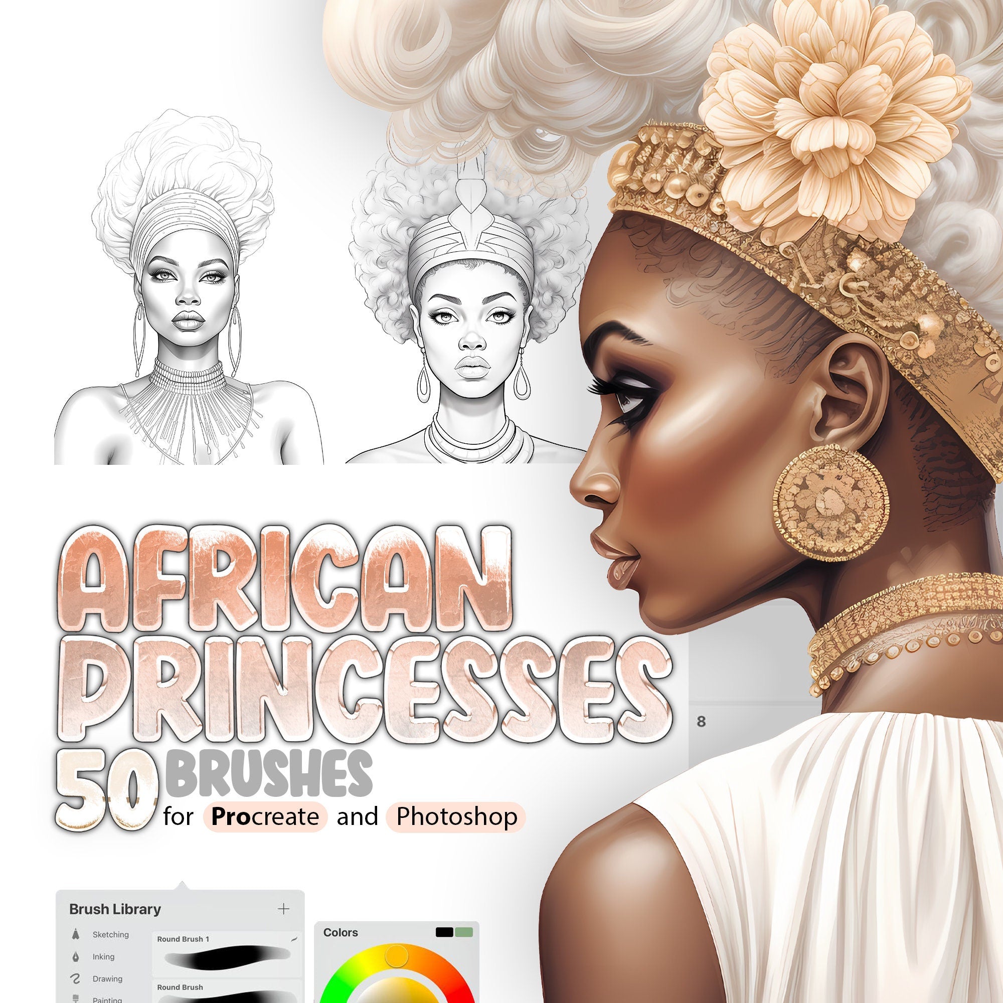 50 African Princesses Stamp Brushes for Procreate and Photoshop