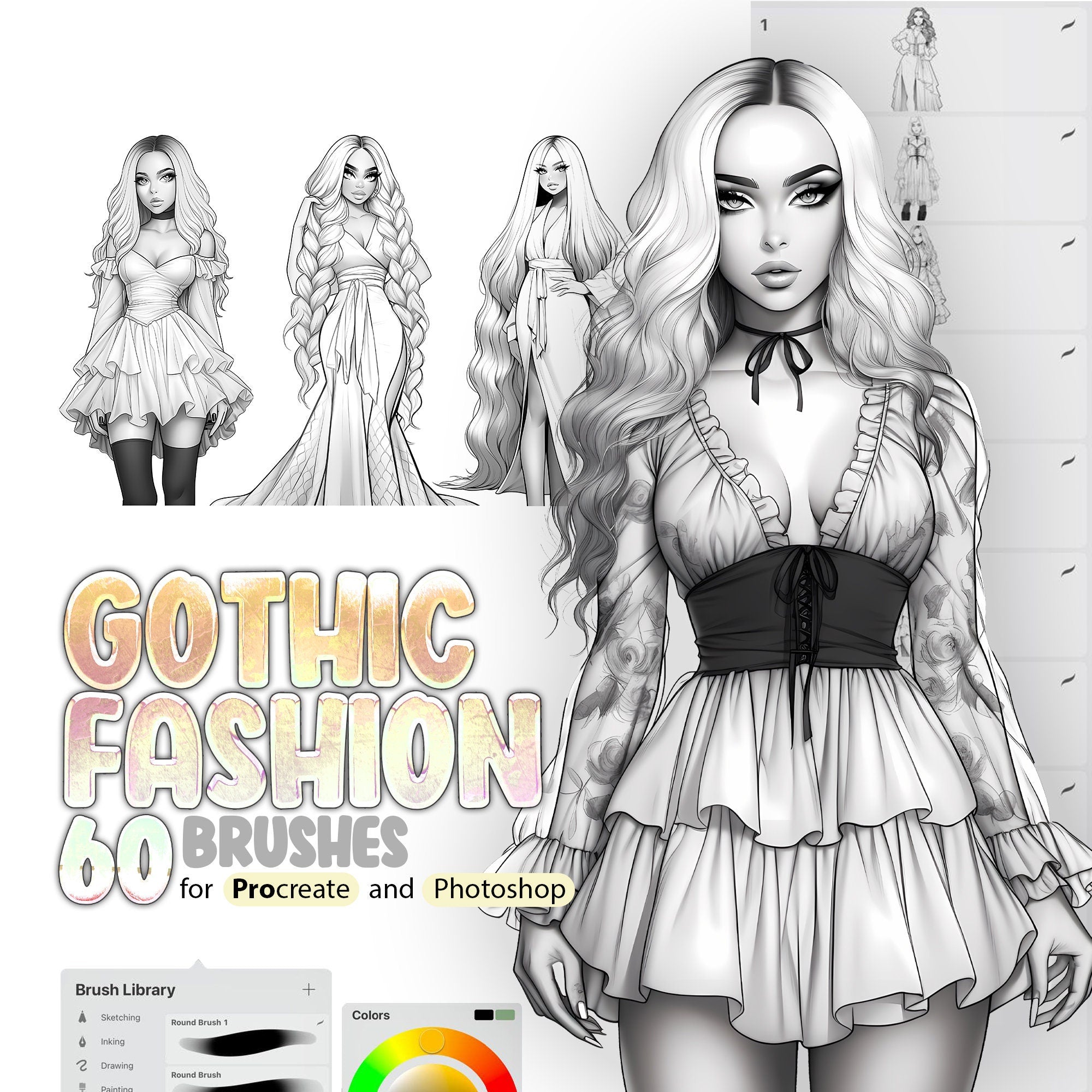 60 Gothic Fashion Style Brushes for Procreate and Photoshop