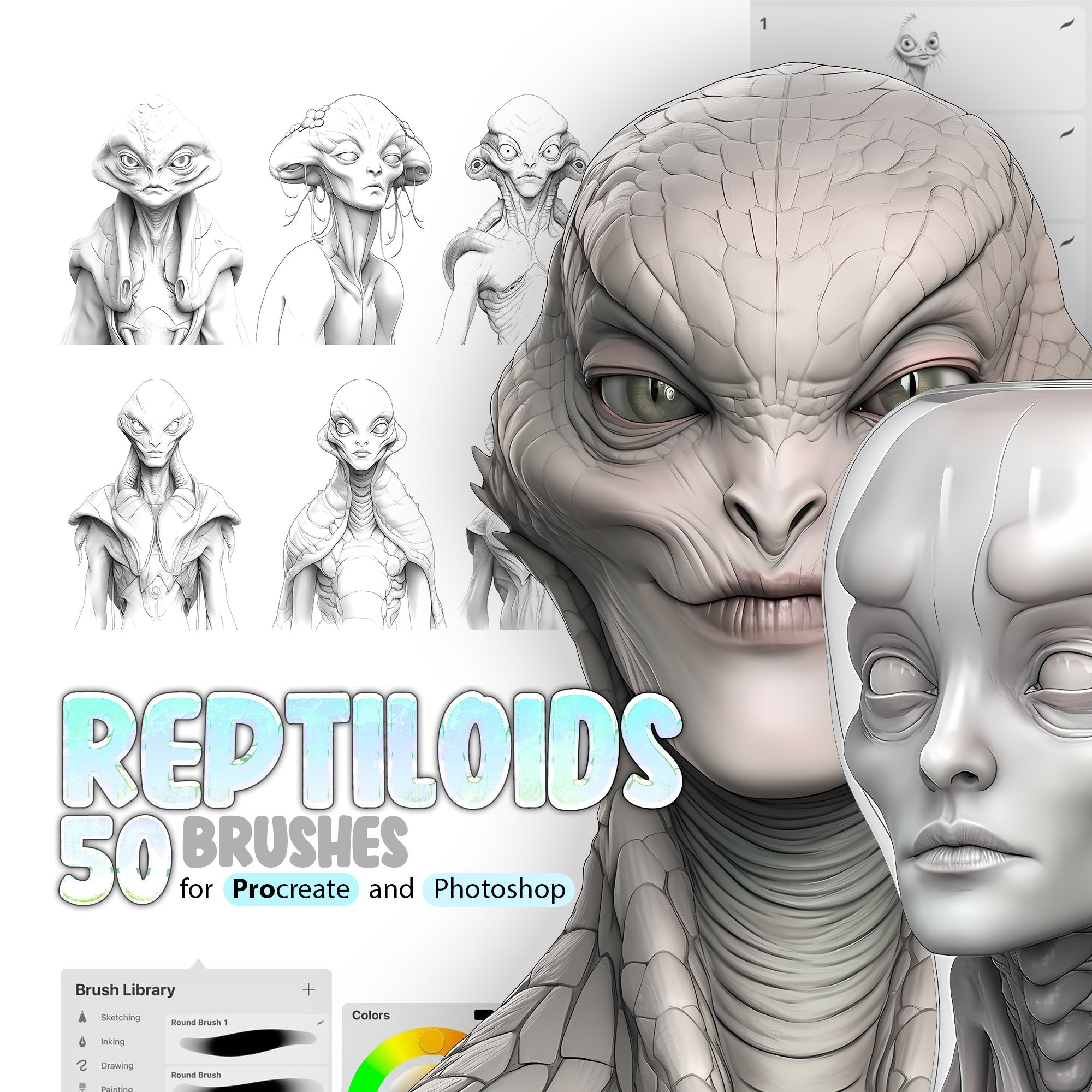 50 Reptiloids Brushes for Procreate and Photoshop