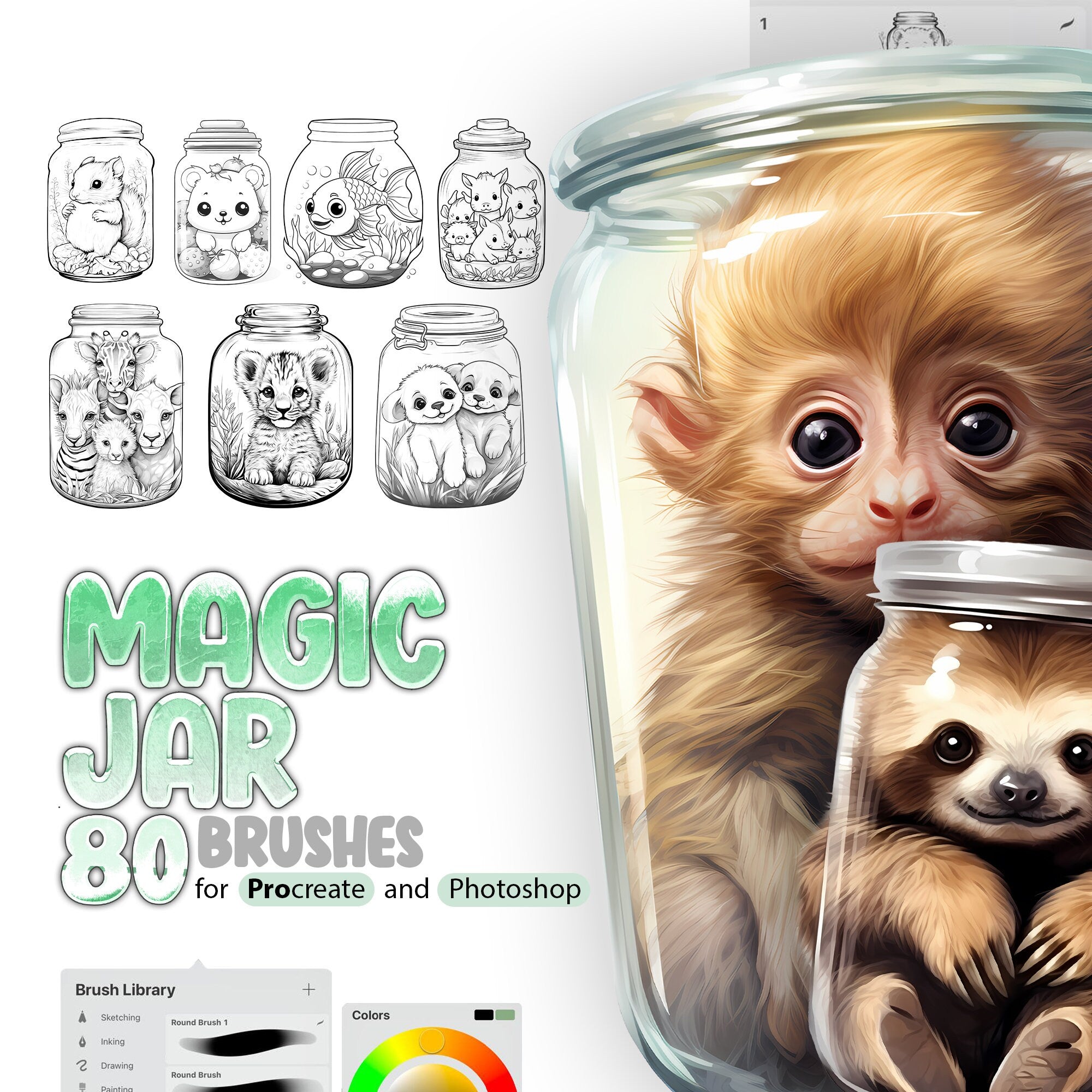 80 Cute Animals in Magic Jar Stamp Brushes for Procreate and Photoshop