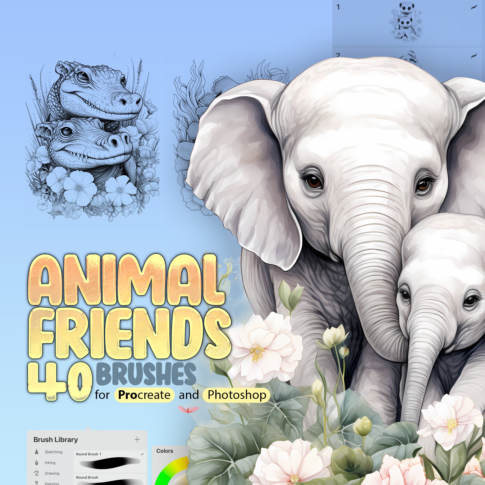 40 Animal Friends Stamp Brushes for Procreate and Photoshop