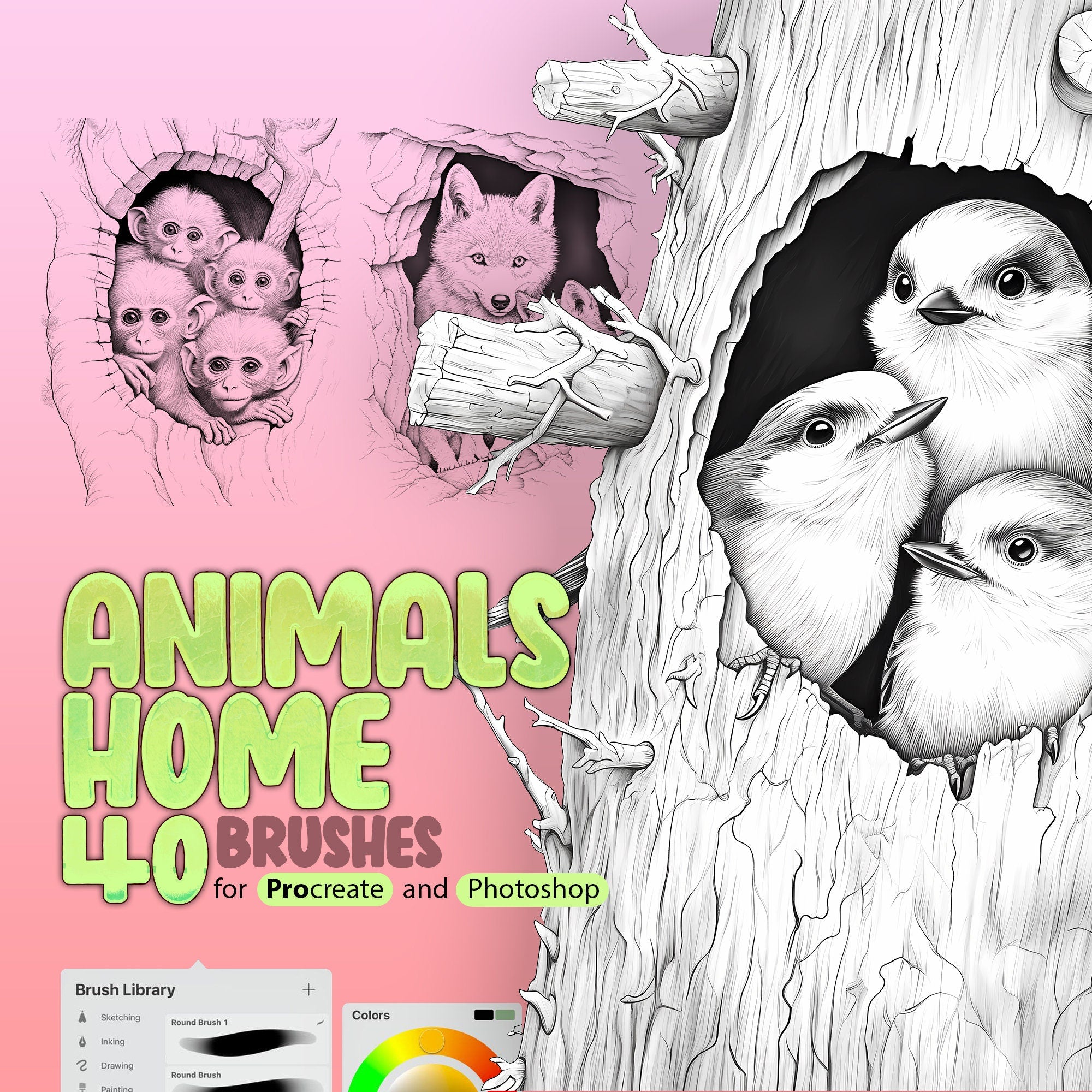 40 Animals Home Stamp Brushes for Procreate and Photoshop