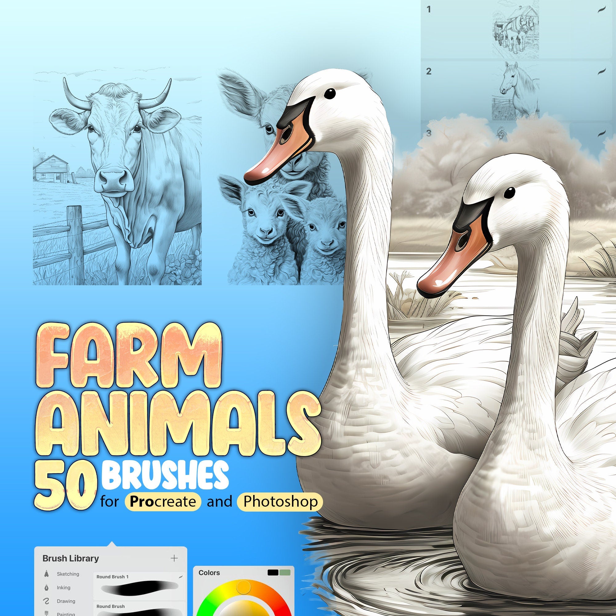 50 Farm Animals Stamp Brushes for Procreate and Photoshop