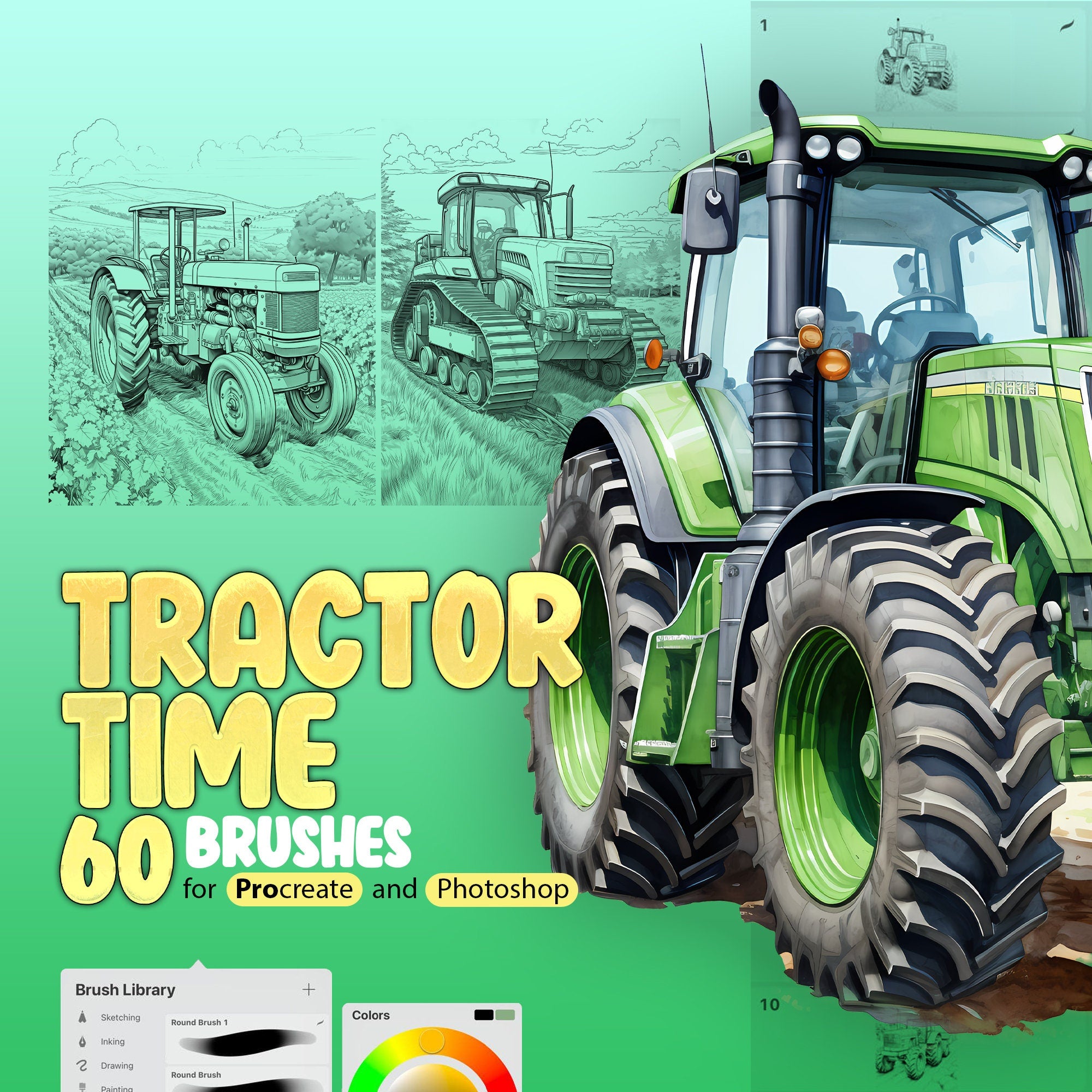 60 Tractor Time Stamp Brushes for Procreate and Photoshop