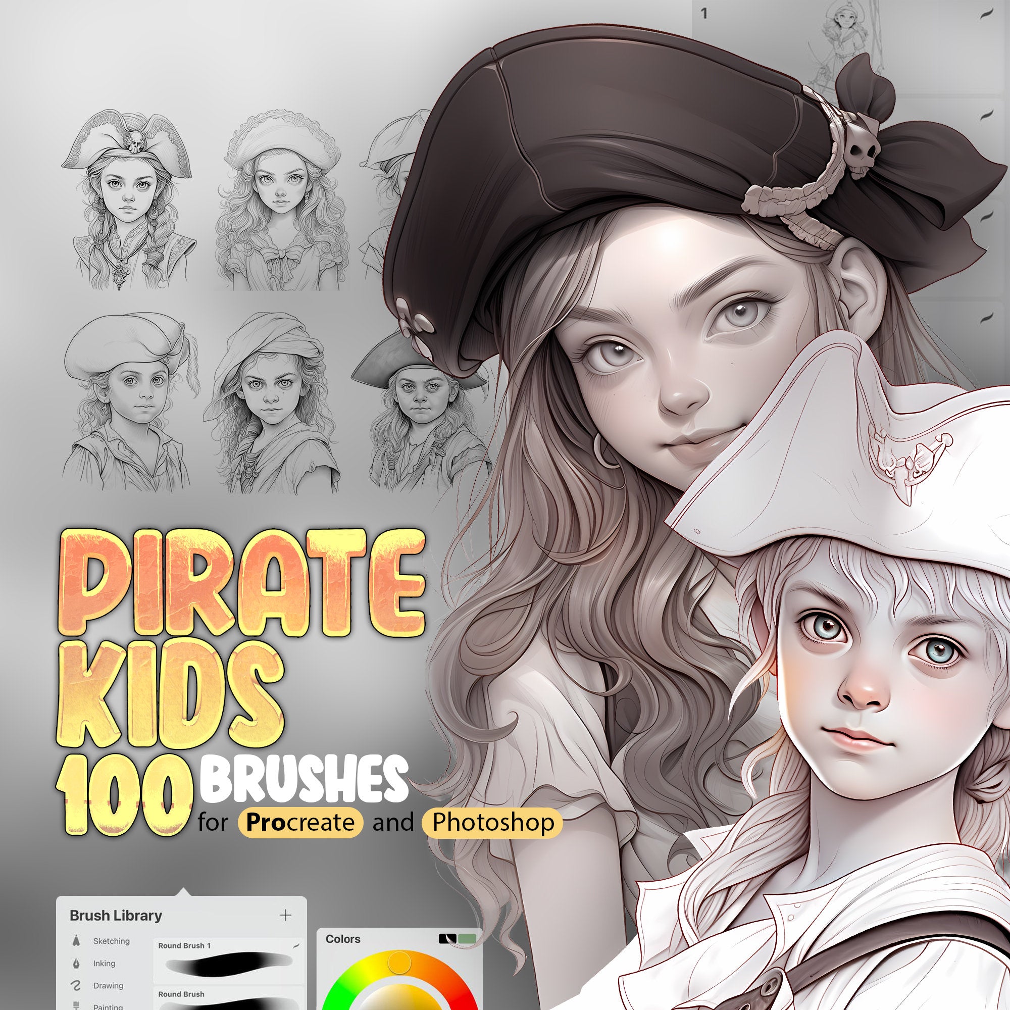 100 Pirate Kids Stamp Brushes for Procreate and Photoshop