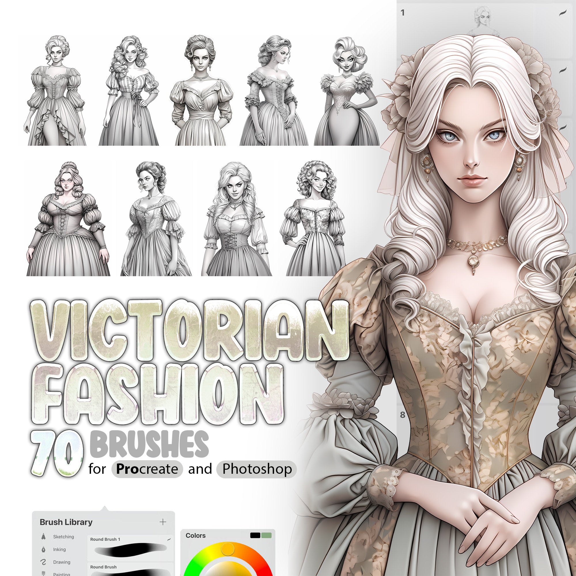 70 Victorian Fashion Style Brushes for Procreate and Photoshop