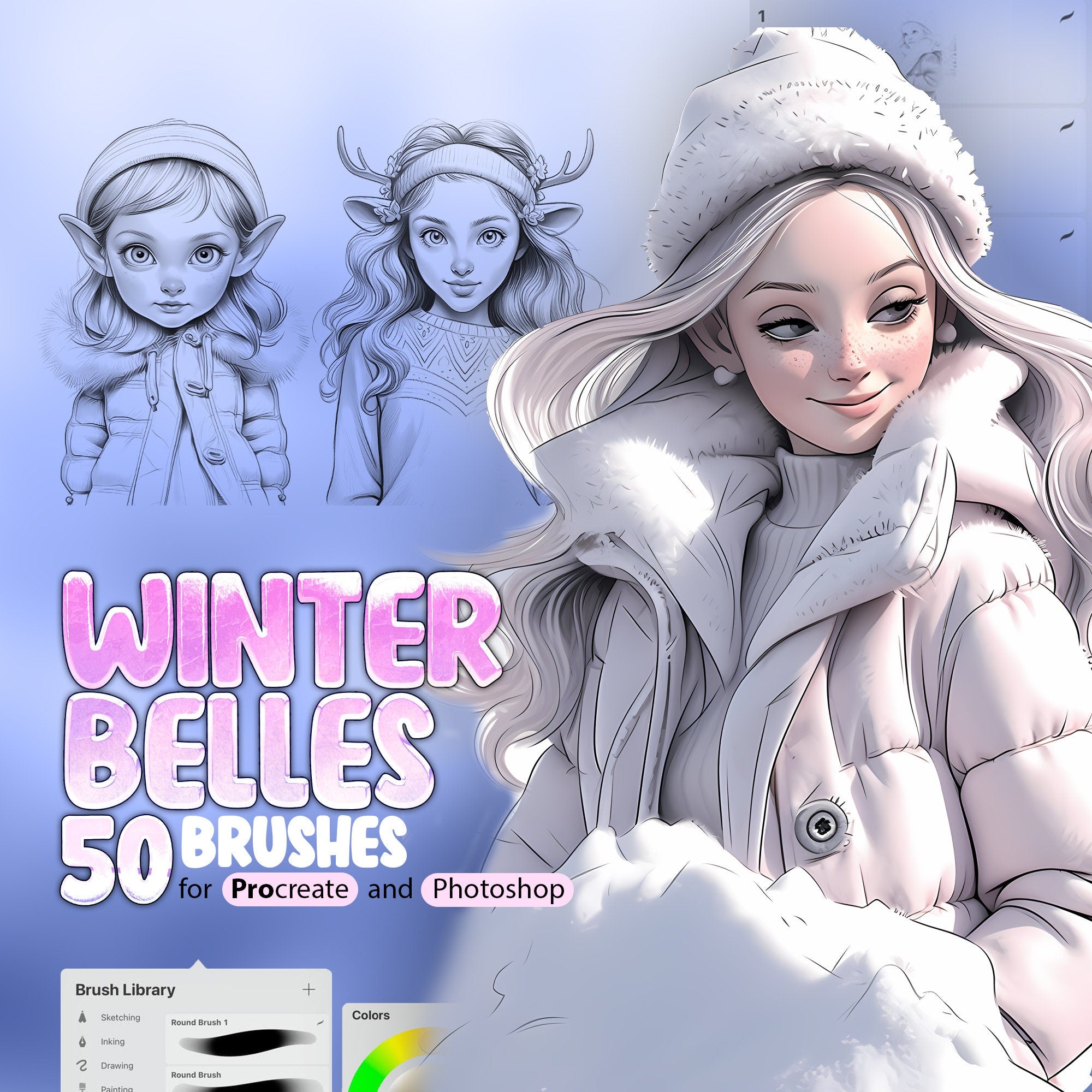 50 Winter Belles Stamp Brushes for Procreate and Photoshop