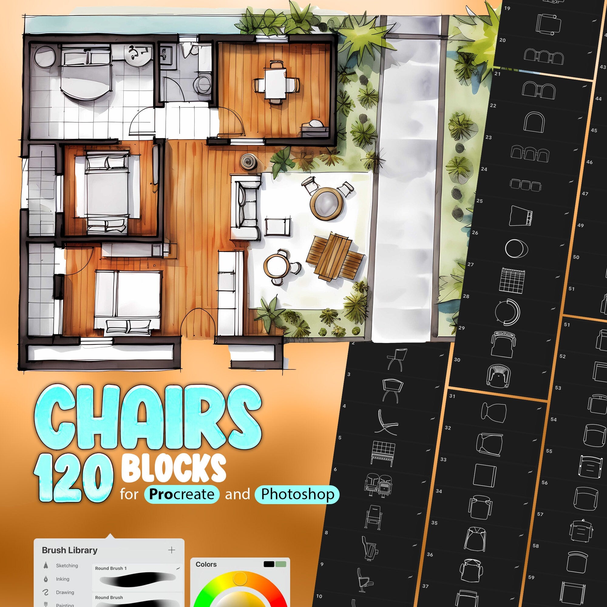 120 Chairs Blocks Stamp Brushes for Procreate and Photoshop
