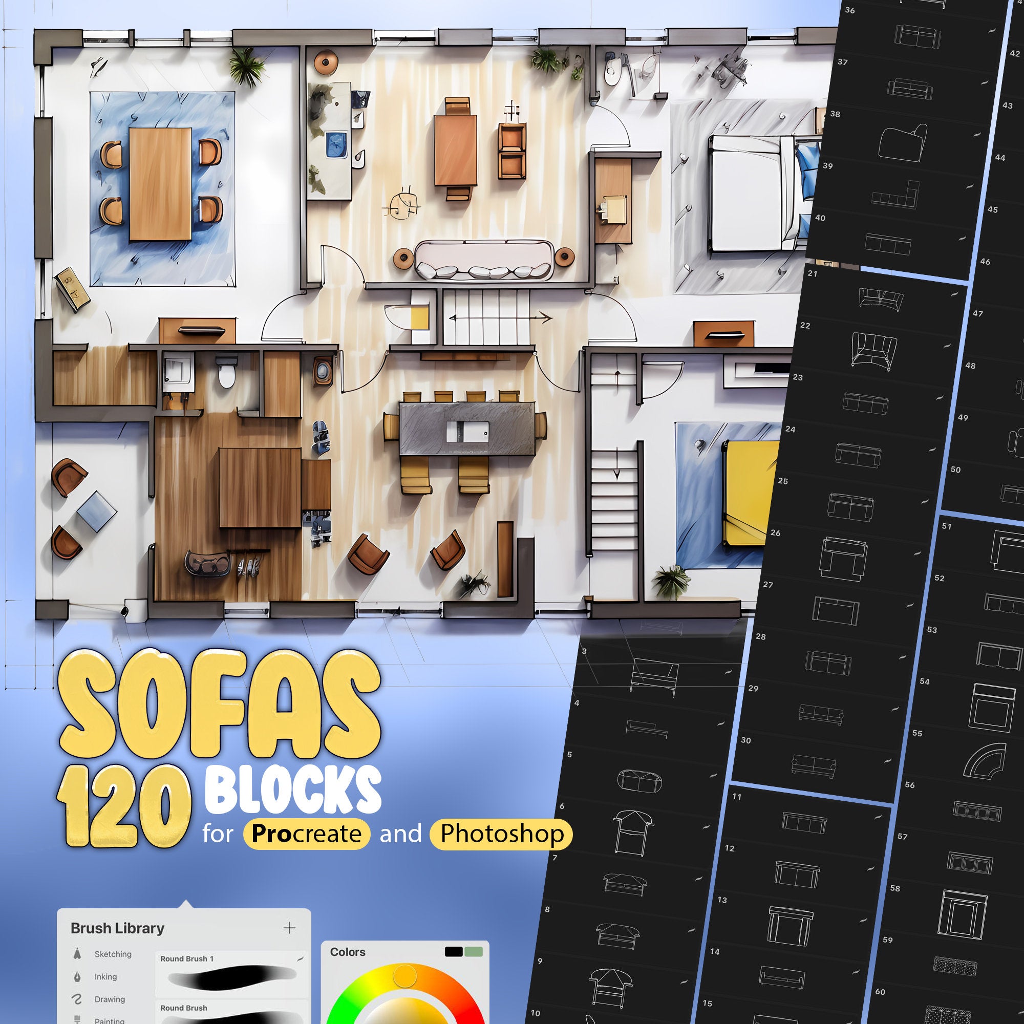 120 Sofa Blocks Stamp Brushes for Procreate and Photoshop