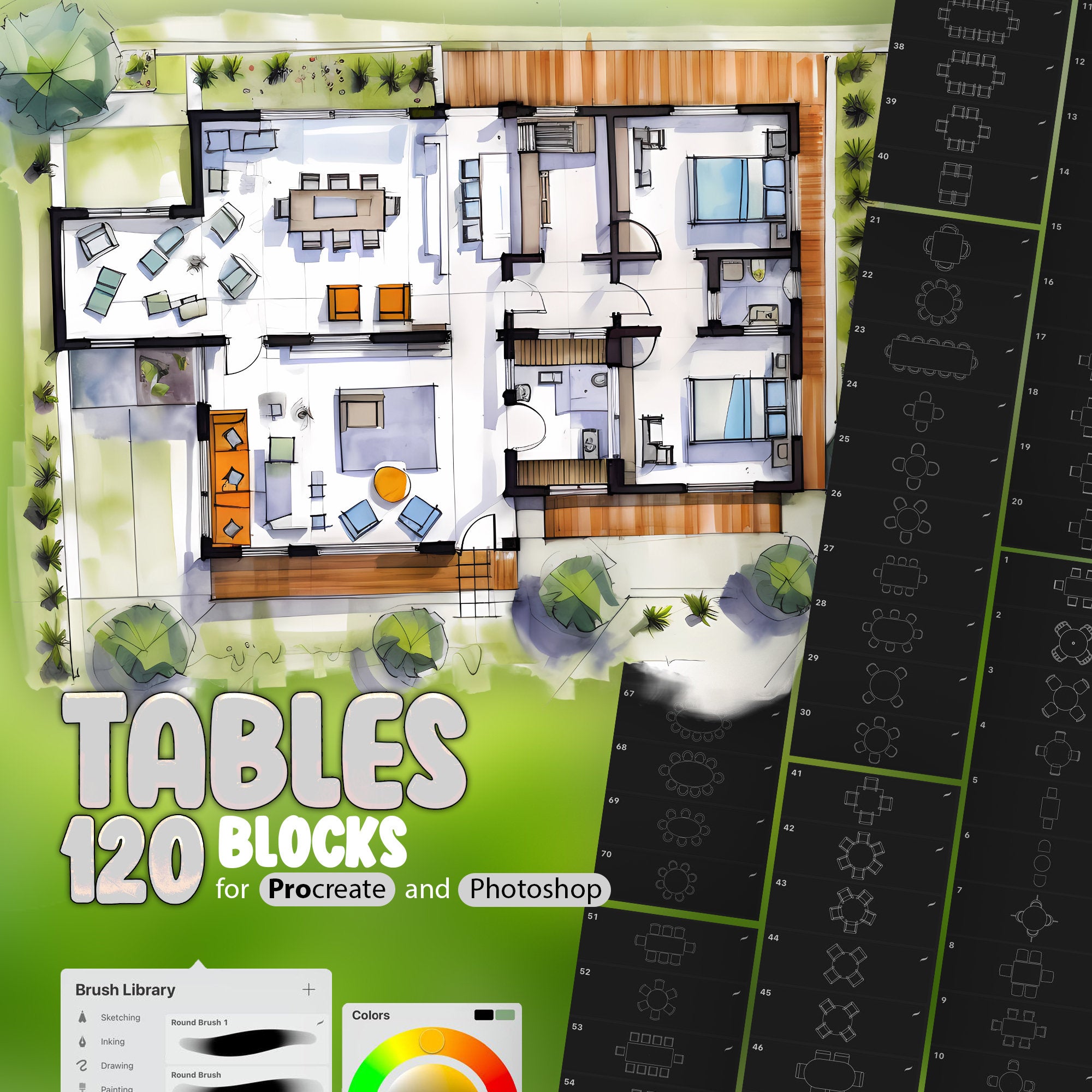 120 Tables Blocks Procreate Stamp Brushes, Furniture Blocks for Homes Procreate Brushes,Architectural Brushes, Interior Stamps for Procreate
