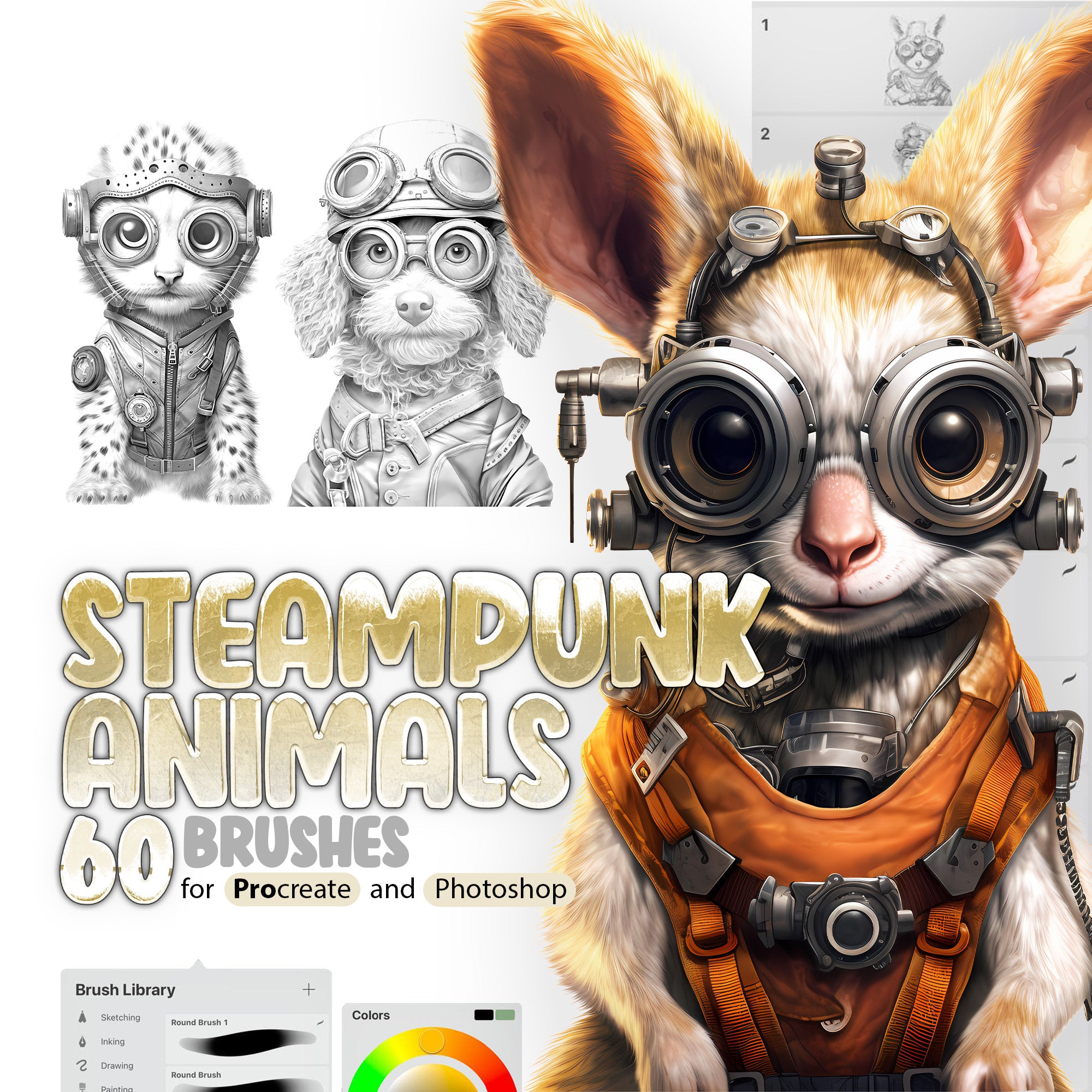 60 Steampunk Animals Procreate Brushes, 60 Steampunk Animals Photoshop Brushes, Steam Punk Characters Stamp Brus for Procreate