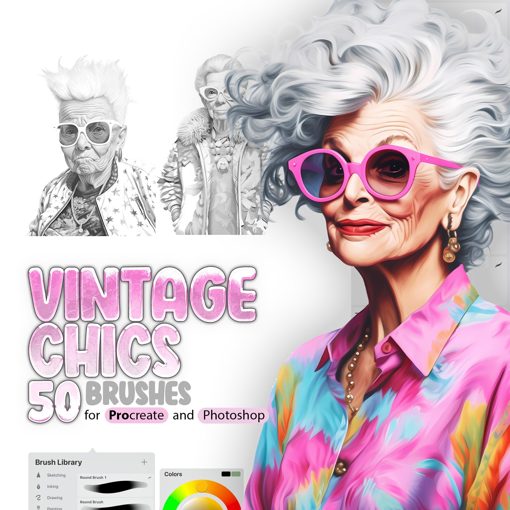 50 Vintage Chic Stamp Brushes for Procreate and Photoshop