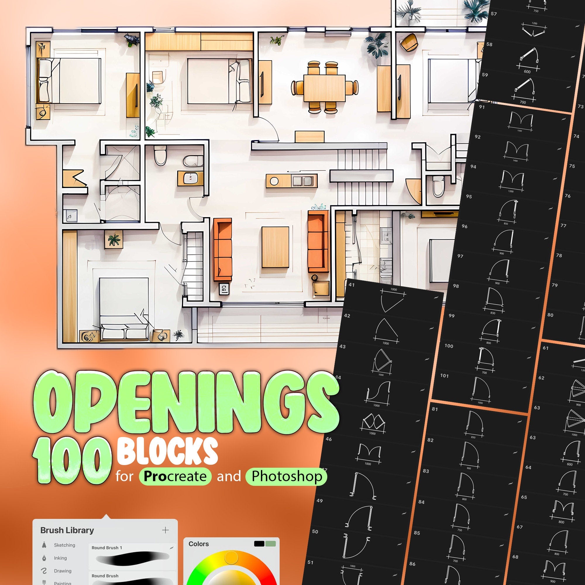 100 Openings Blocks Procreate Stamp Brushes, Furniture Blocks for Floor Plan Procreate Brush, Architectural Brushes, Interior Brush