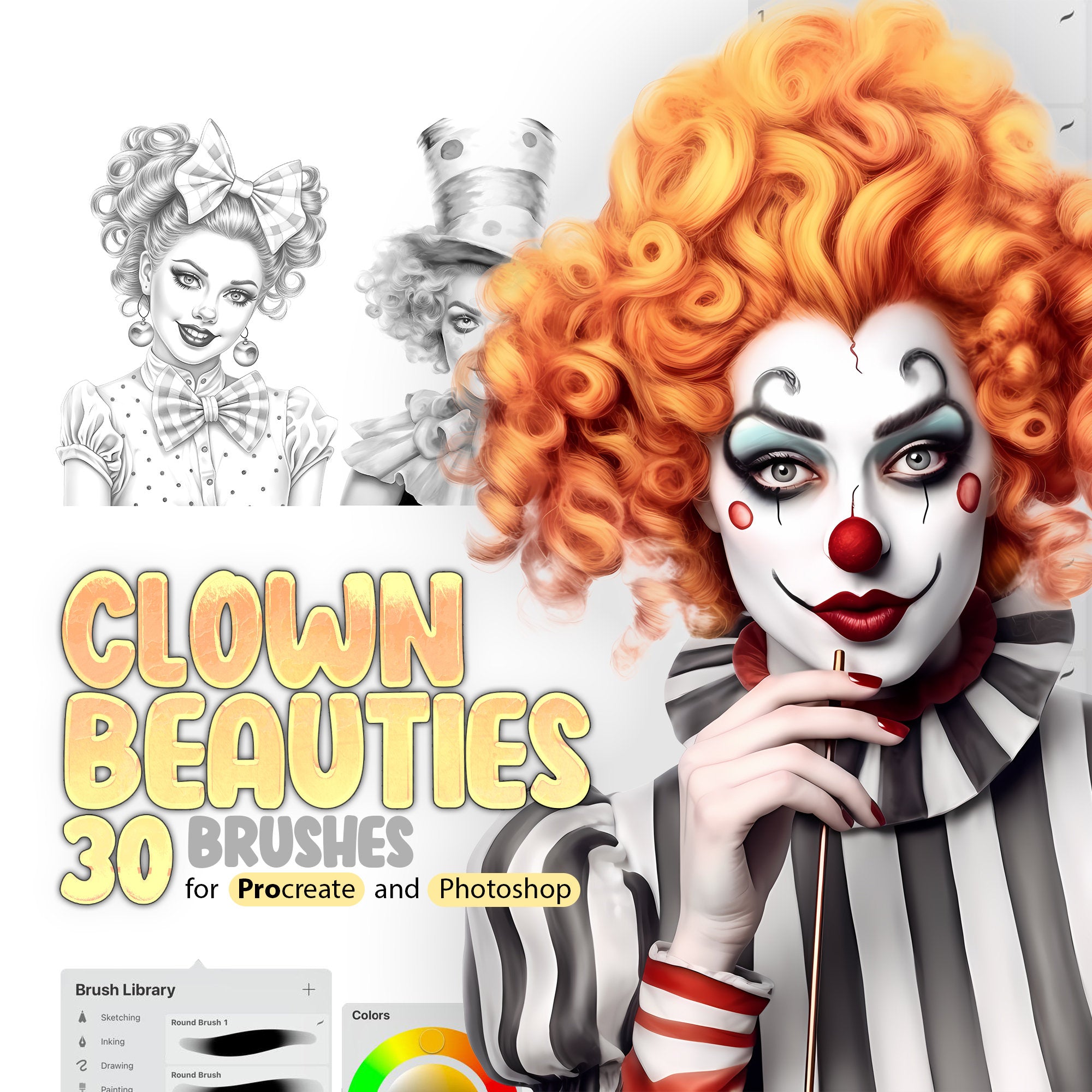 30 Spooky Clown Beauties Halloween Stamp Brushes for Procreate and Photoshop