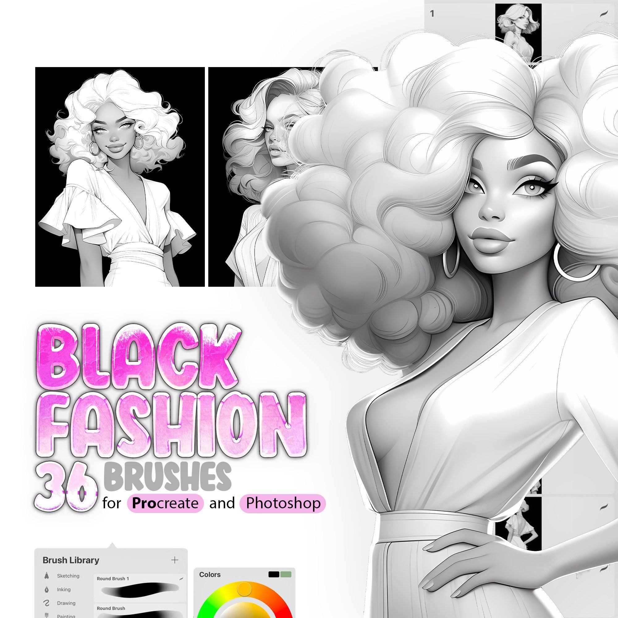 36 Beauties Stamp Brush with black background Brushes for Procreate and Photoshop