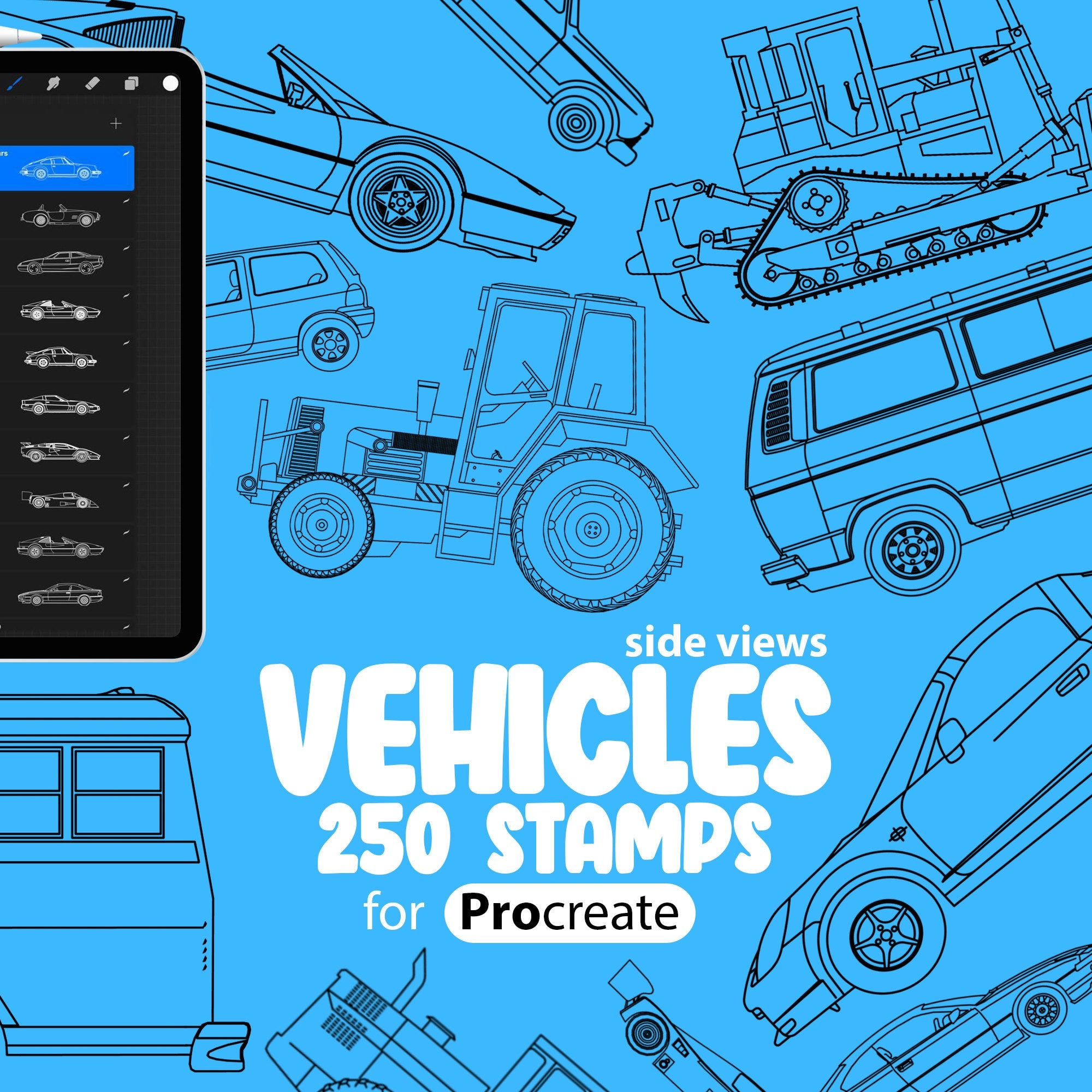 250 Vehicles (side view) Stamp Brushes for Procreate, Construction Vehicle Procreate, Procreate Heavy Vehicle, Cars, Transport Procreate