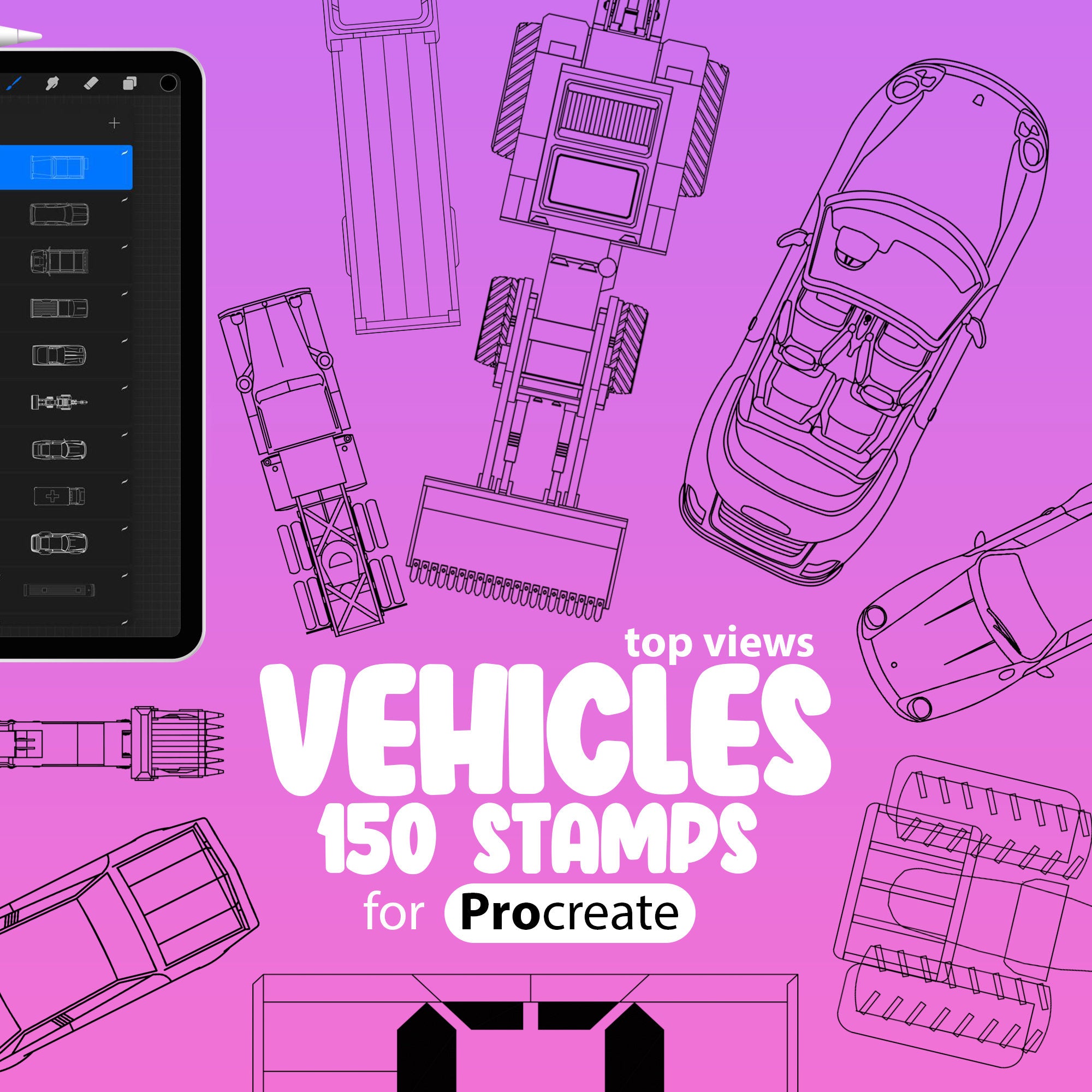 150 Vehicles (top view) Stamp Brushes for Procreate