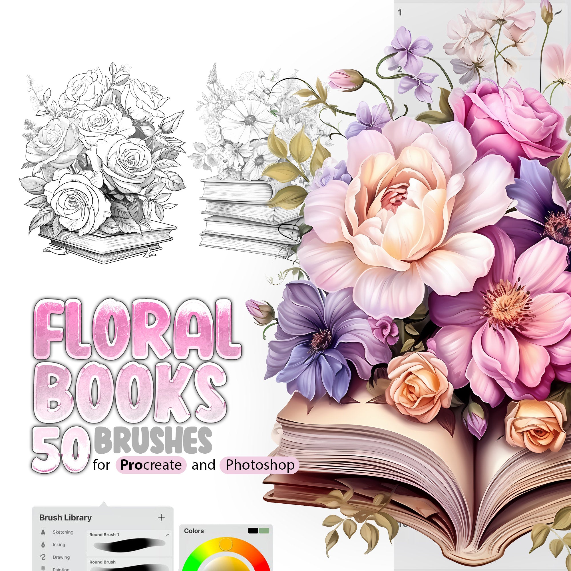 50 Floral Books Stamp Brushes for Procreate and Photoshop