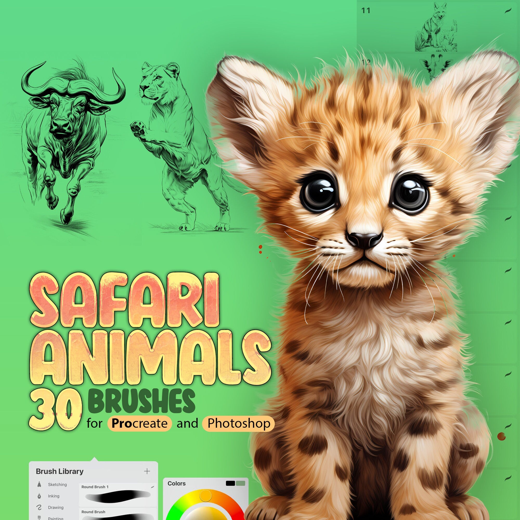 30 Safari Animals Procreate Brushes, African Animals Procreate Stamp Brushes, Baby Animals Procreate